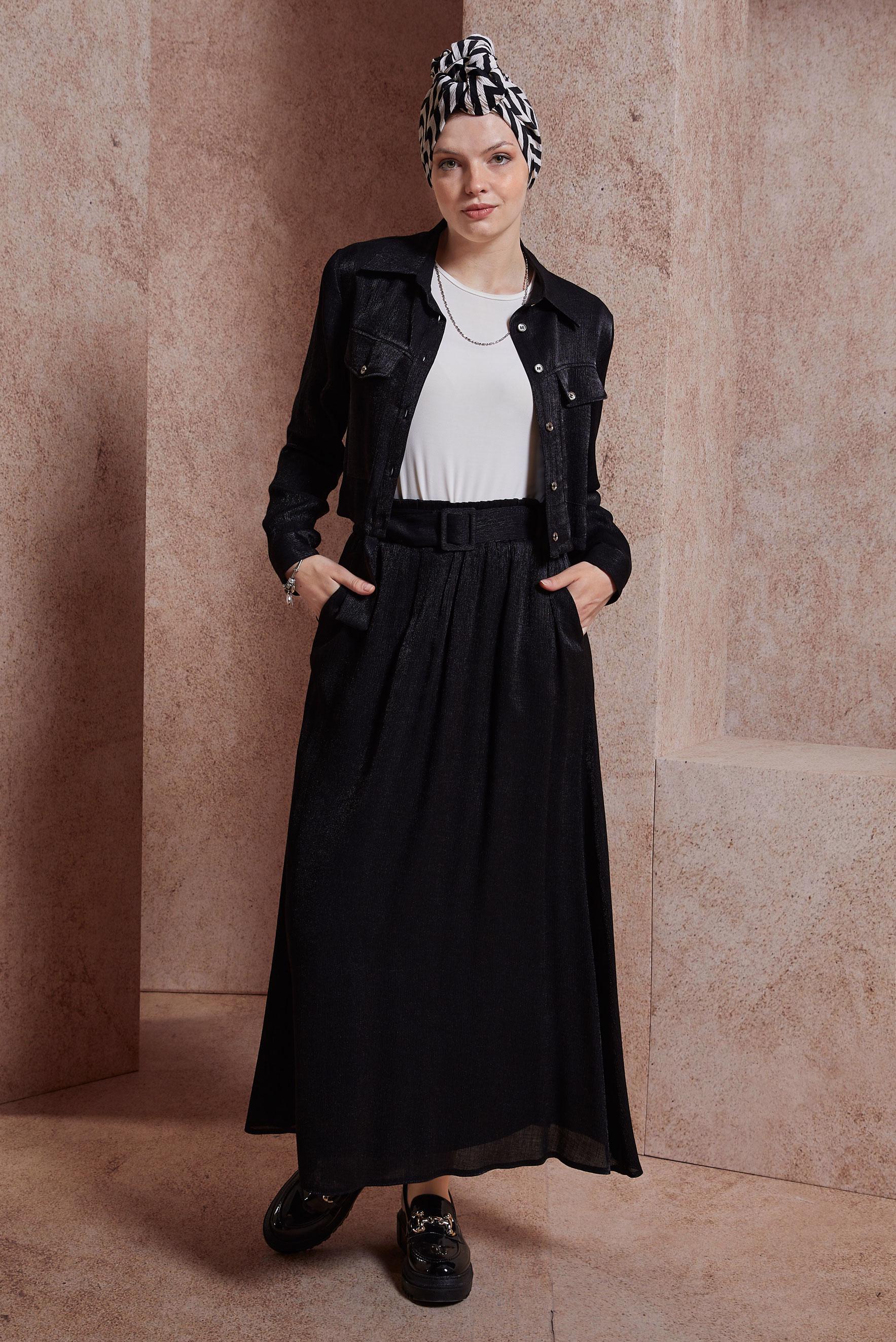 Tesettür giyim SİYAH ETEKLİ SATEN DOKULU BÜRÜMCÜK TAKIM 44567