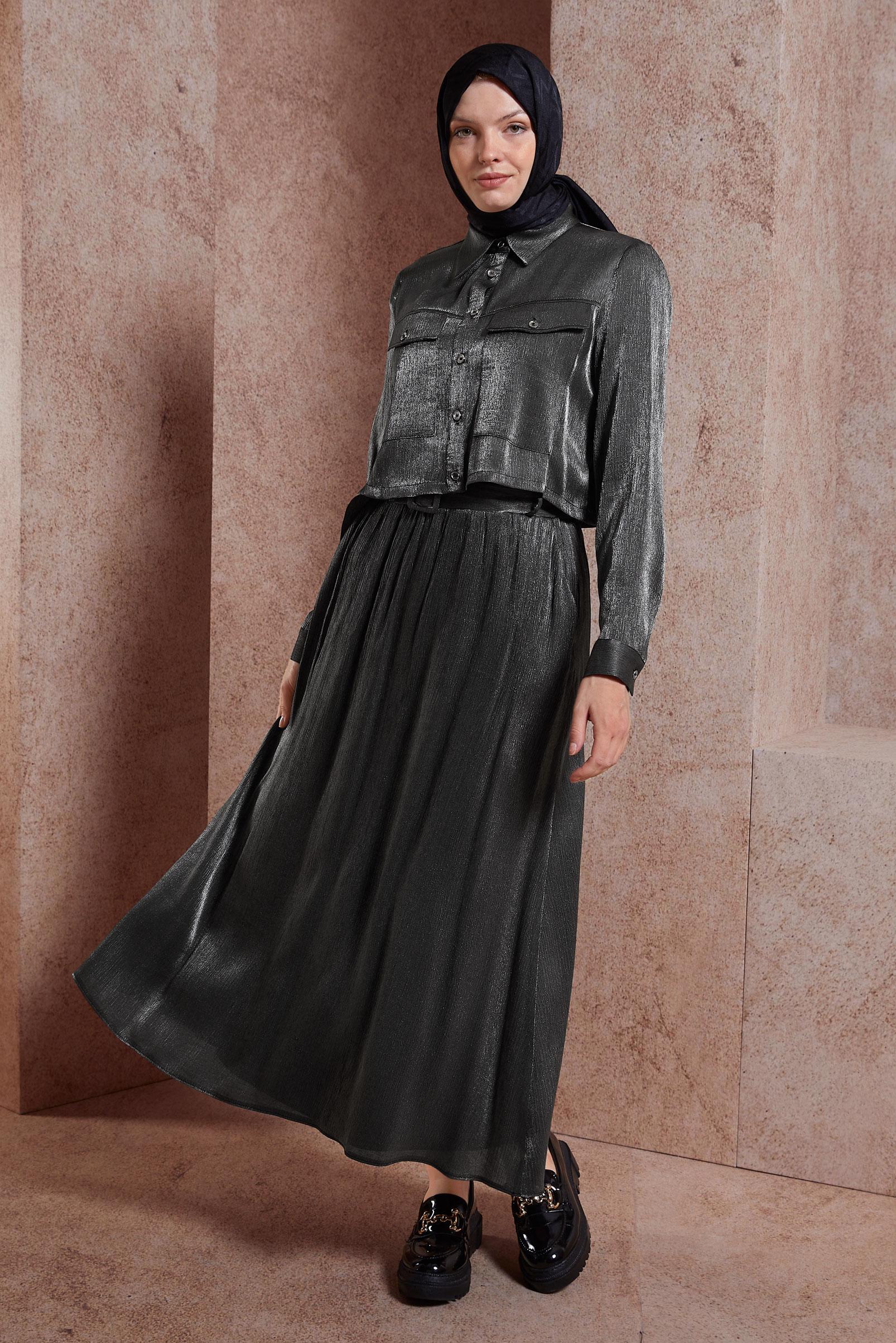 Tesettür giyim GRİ ETEKLİ SATEN DOKULU BÜRÜMCÜK TAKIM 44567