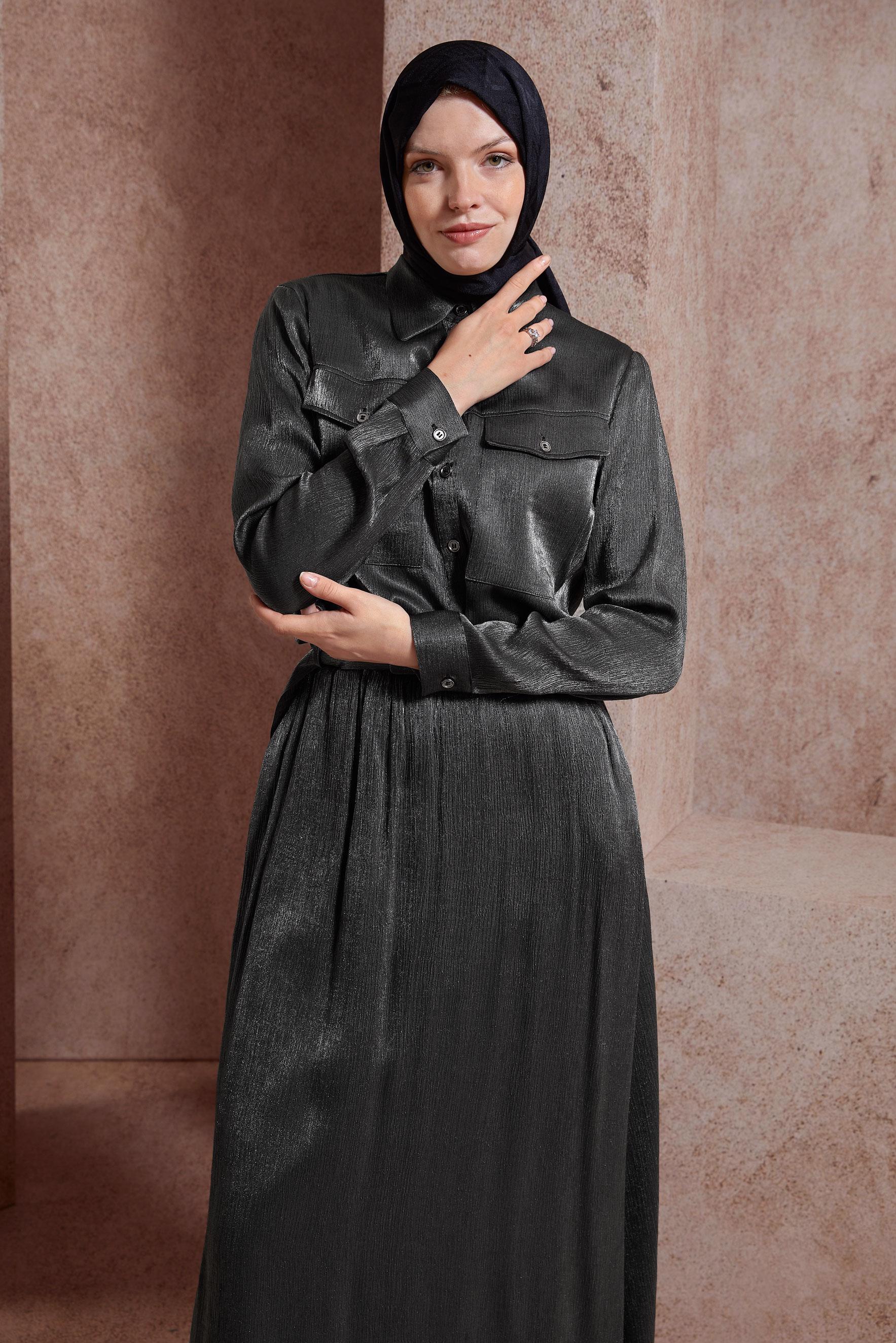 Tesettür giyim GRİ ETEKLİ SATEN DOKULU BÜRÜMCÜK TAKIM 44567