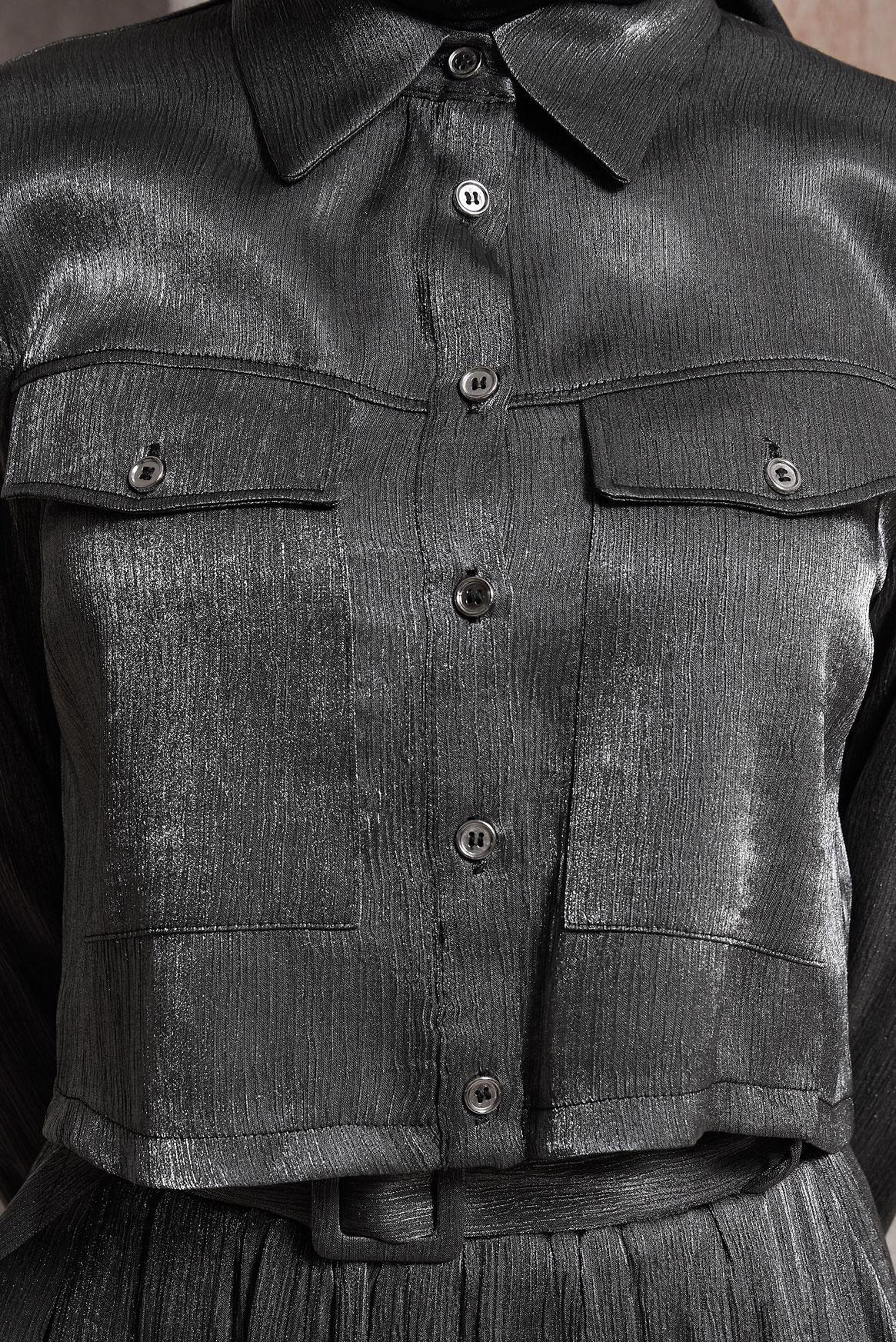 Tesettür giyim GRİ ETEKLİ SATEN DOKULU BÜRÜMCÜK TAKIM 44567