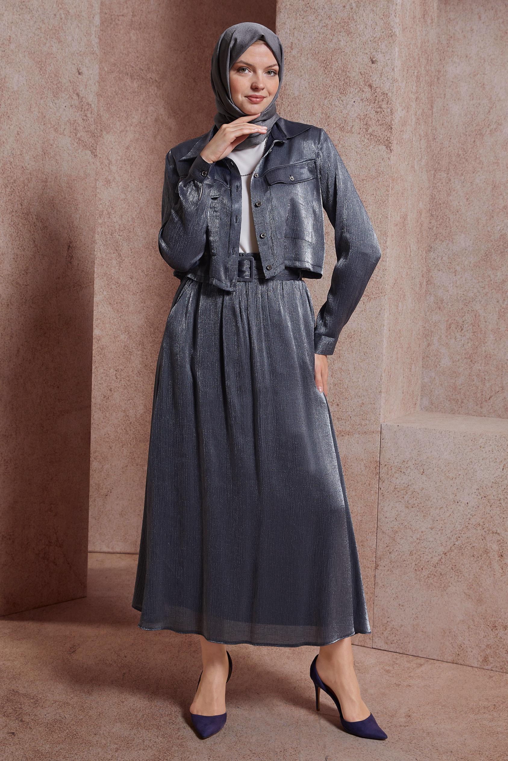 Tesettür giyim LACİVERT ETEKLİ SATEN DOKULU BÜRÜMCÜK TAKIM 44567