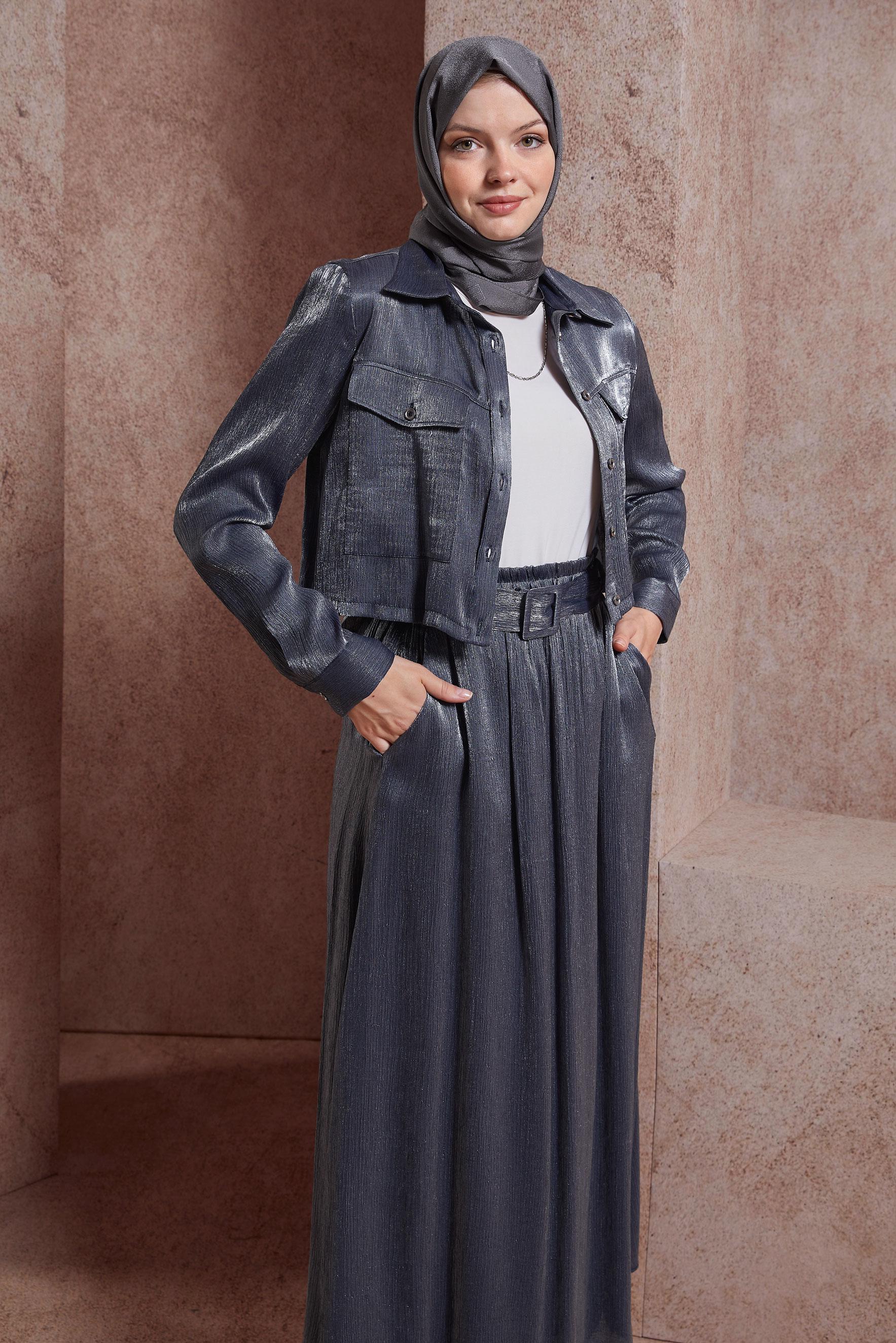 Tesettür giyim LACİVERT ETEKLİ SATEN DOKULU BÜRÜMCÜK TAKIM 44567