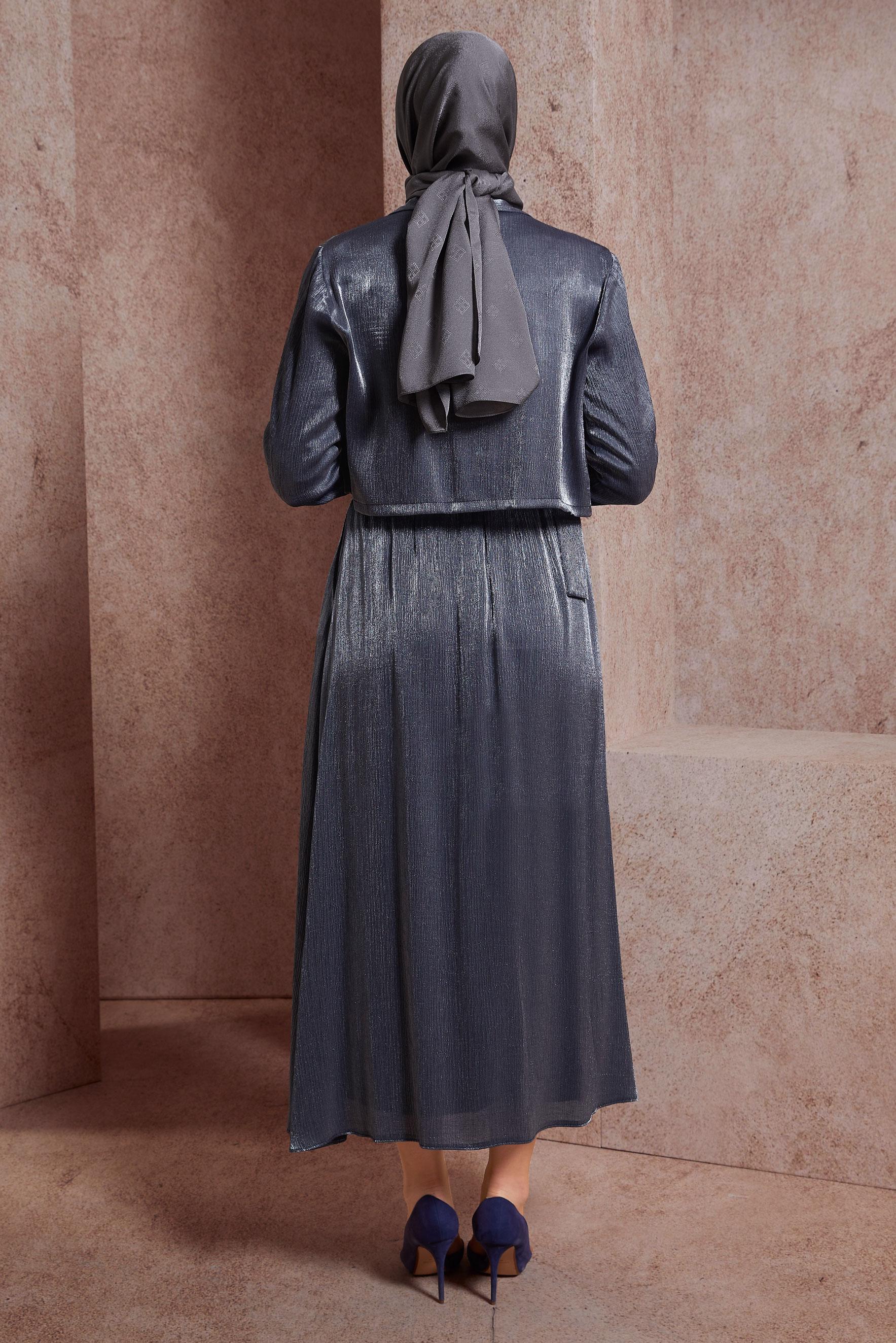 Tesettür giyim LACİVERT ETEKLİ SATEN DOKULU BÜRÜMCÜK TAKIM 44567