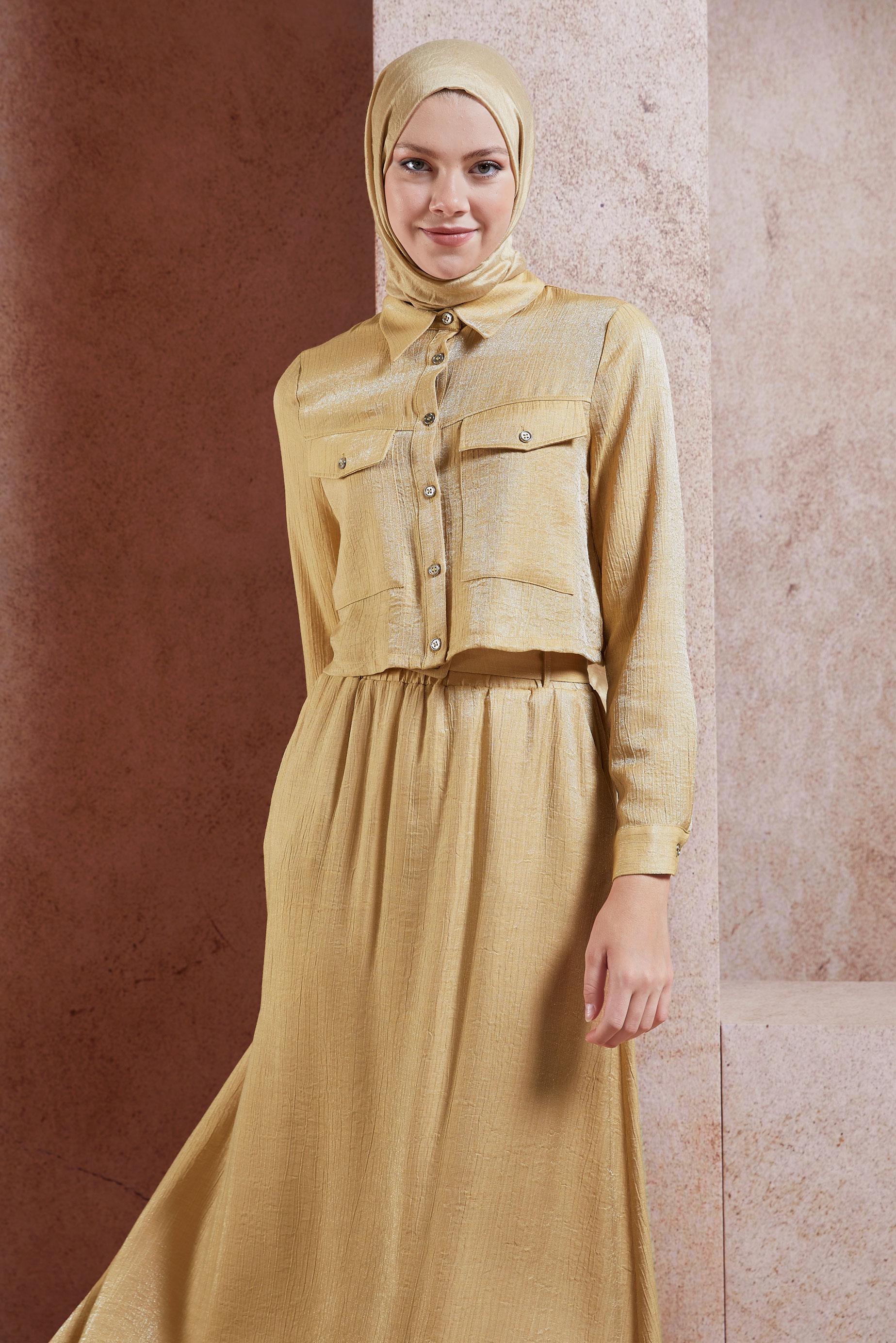 Tesettür giyim KAHVE ETEKLİ BÜRÜMCÜK TAKIM 44567-1