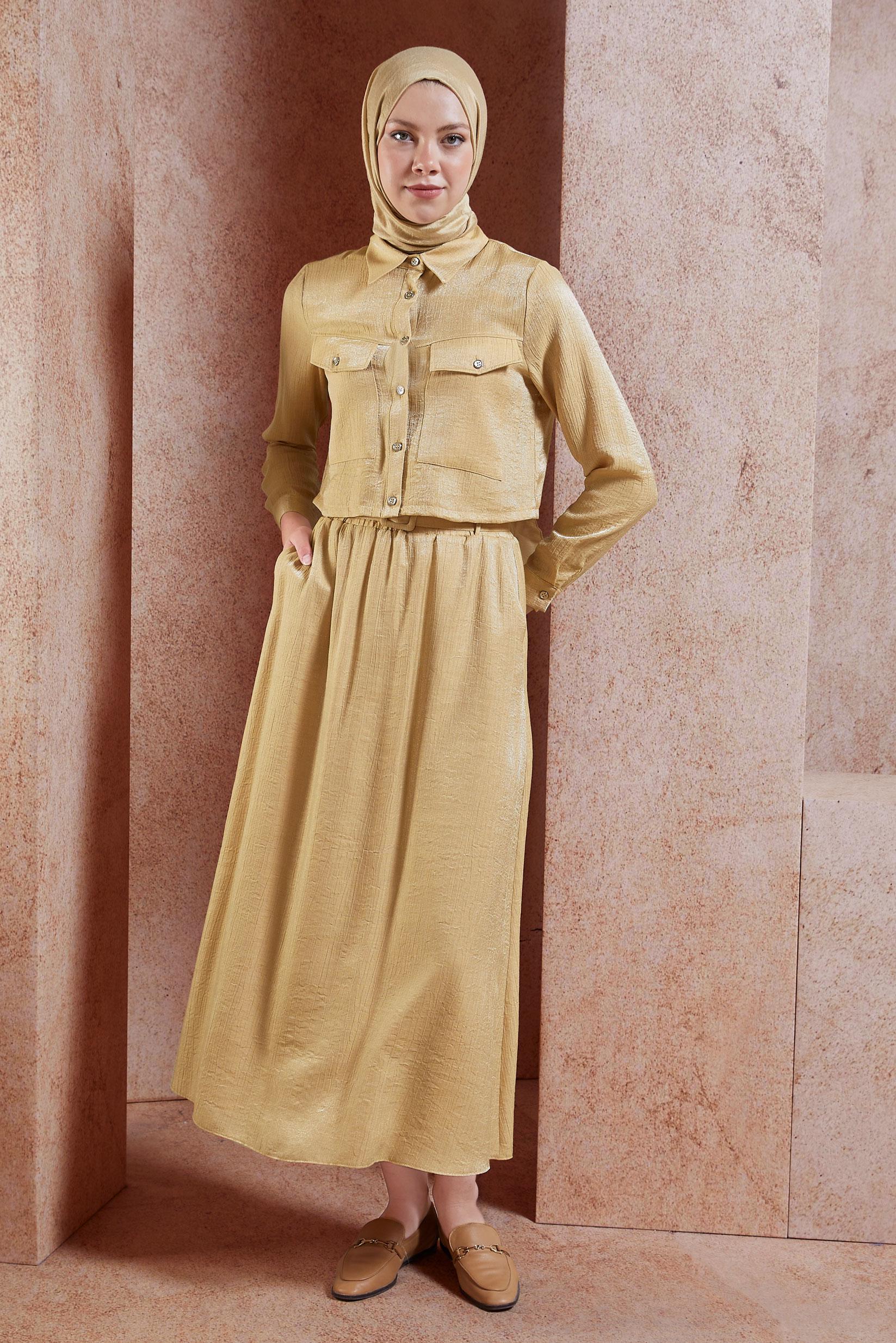 Tesettür giyim KAHVE ETEKLİ BÜRÜMCÜK TAKIM 44567-1