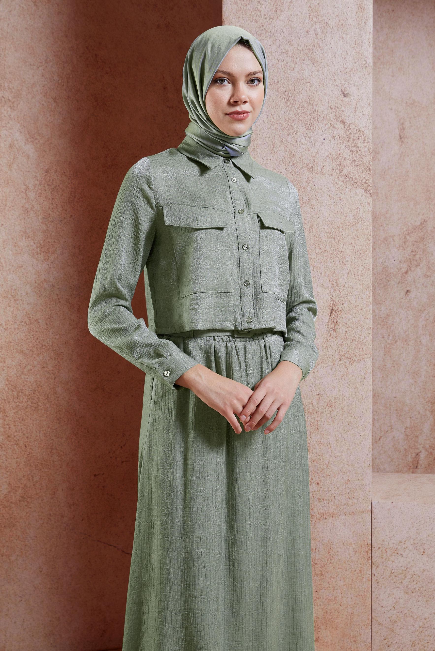 Tesettür giyim HAKİ ETEKLİ BÜRÜMCÜK TAKIM 44567-1