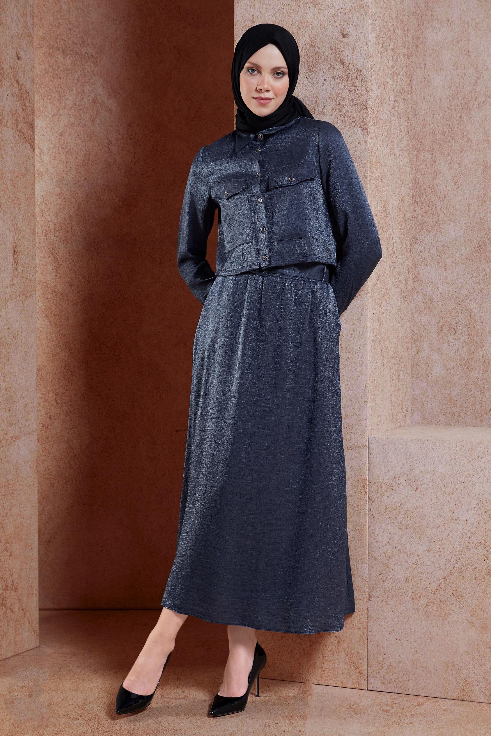 Tesettür giyim LACİVERT ETEKLİ BÜRÜMCÜK TAKIM 44567-1