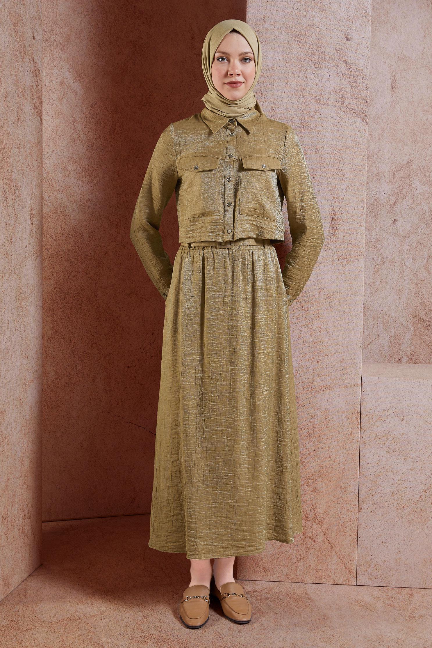 Tesettür giyim KAHVE ETEKLİ BÜRÜMCÜK TAKIM 44567-1