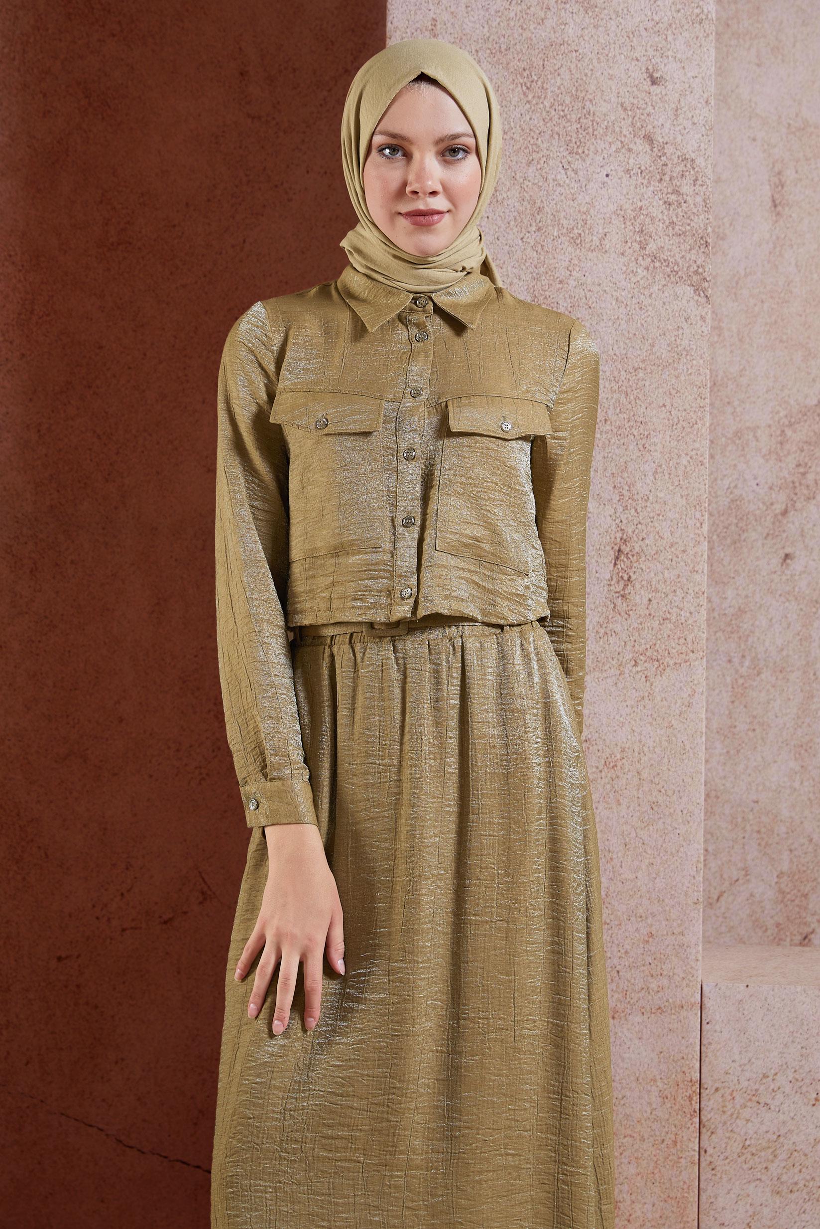 Tesettür giyim KAHVE ETEKLİ BÜRÜMCÜK TAKIM 44567-1