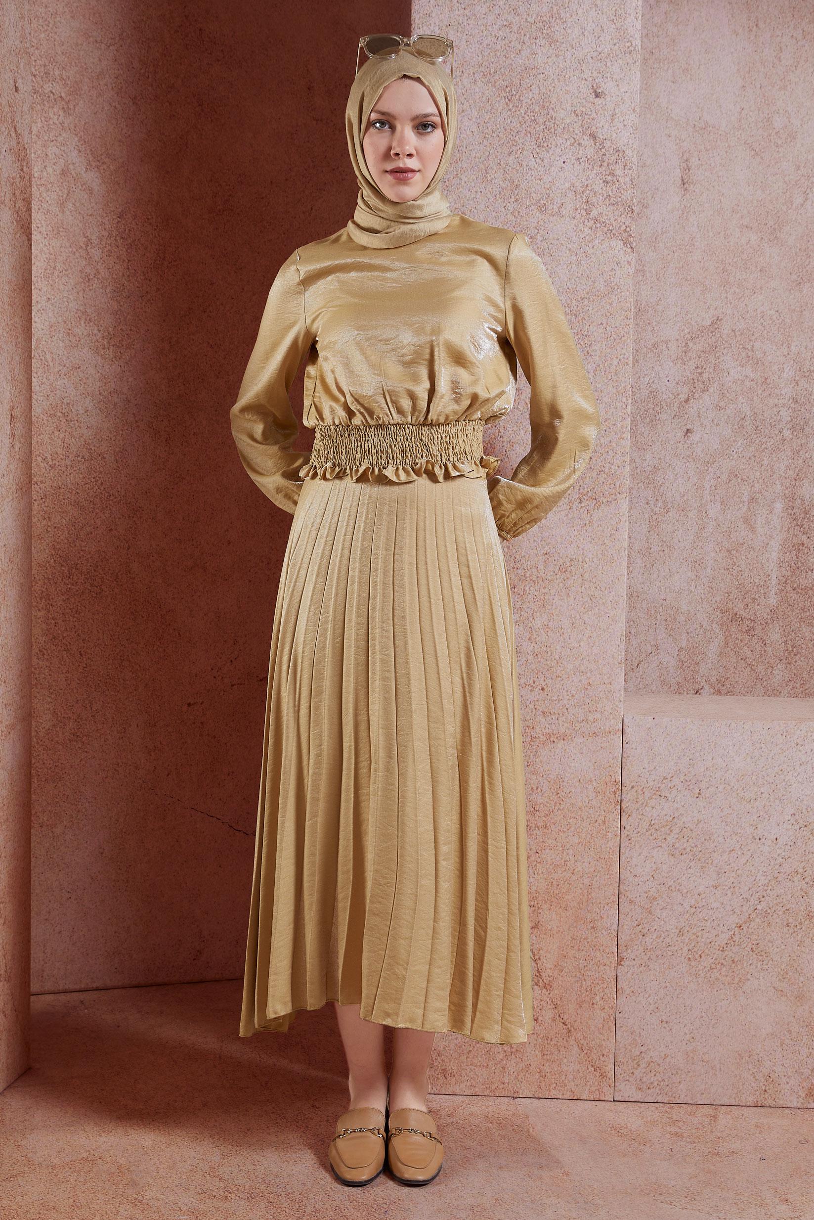 Tesettür giyim KAHVE GİPELİ ETEKLİ TESETTÜR TAKIM 44716