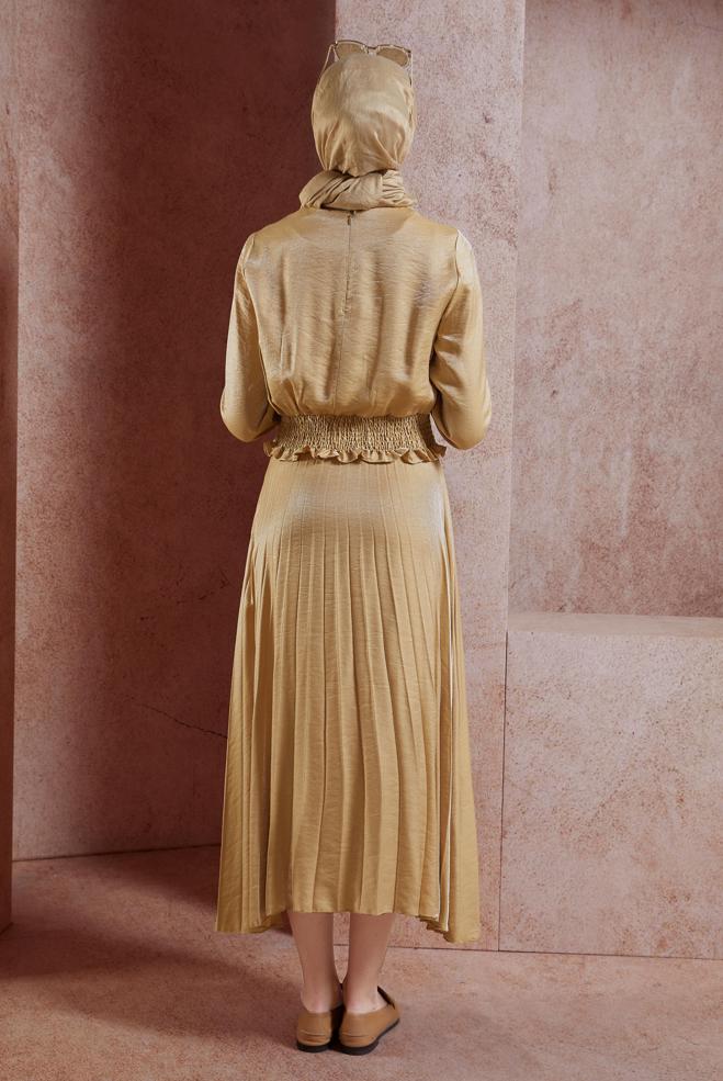 Tesettür giyim KAHVE GİPELİ ETEKLİ TESETTÜR TAKIM 44716 - ALVİNA