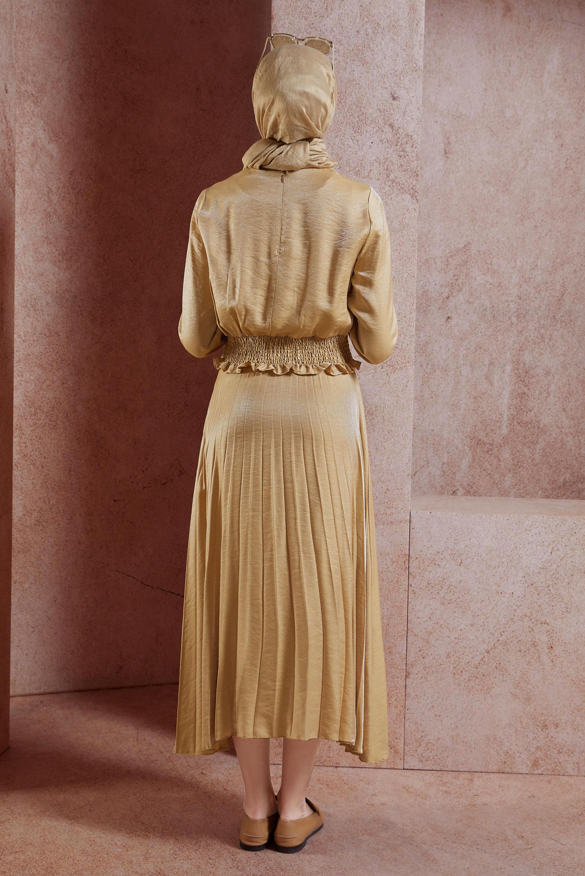 Tesettür giyim KAHVE GİPELİ ETEKLİ TESETTÜR TAKIM 44716