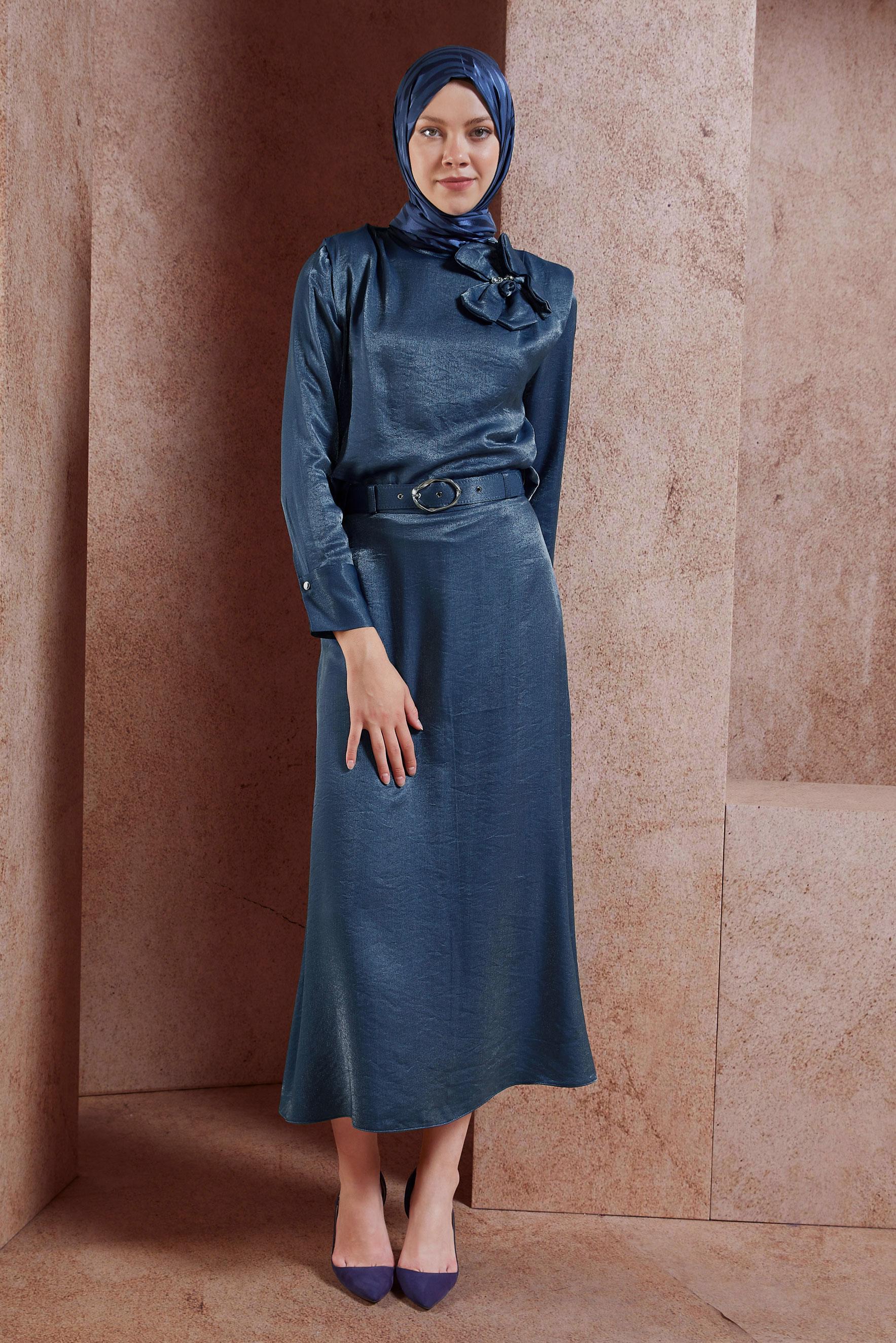 Tesettür giyim LACİVERT AKSESUAR DETAYLI ETEKLİ TAKIM 44717
