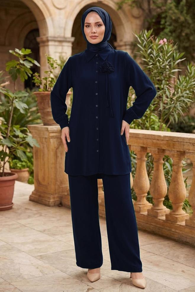 Tesettür giyim LACİVERT BÜYÜK BEDEN PANTOLONLU TAKIM 20519 - ALVİNA