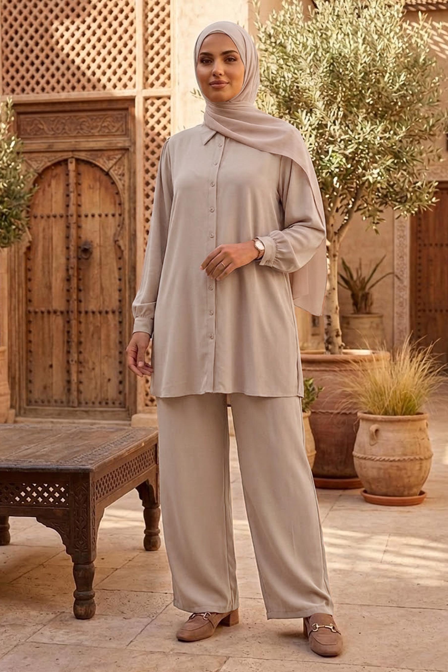 Tesettür giyim VİZON BÜYÜK BEDEN PANTOLONLU TAKIM 20519