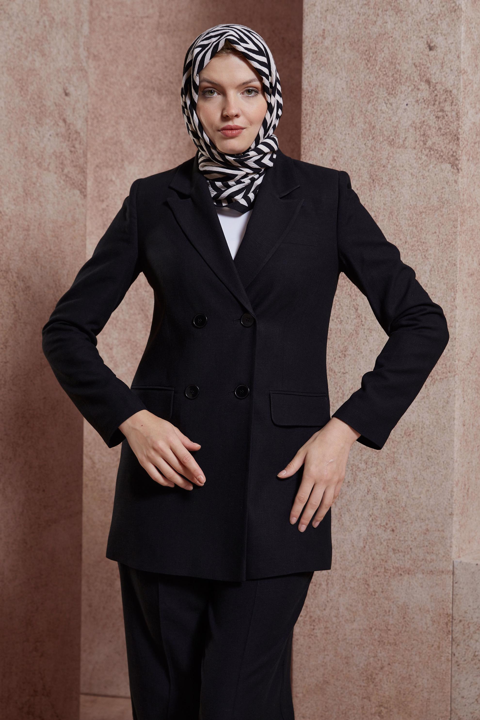 Tesettür giyim SİYAH KETEN DOKULU PANTOLONLU TAKIM 30420