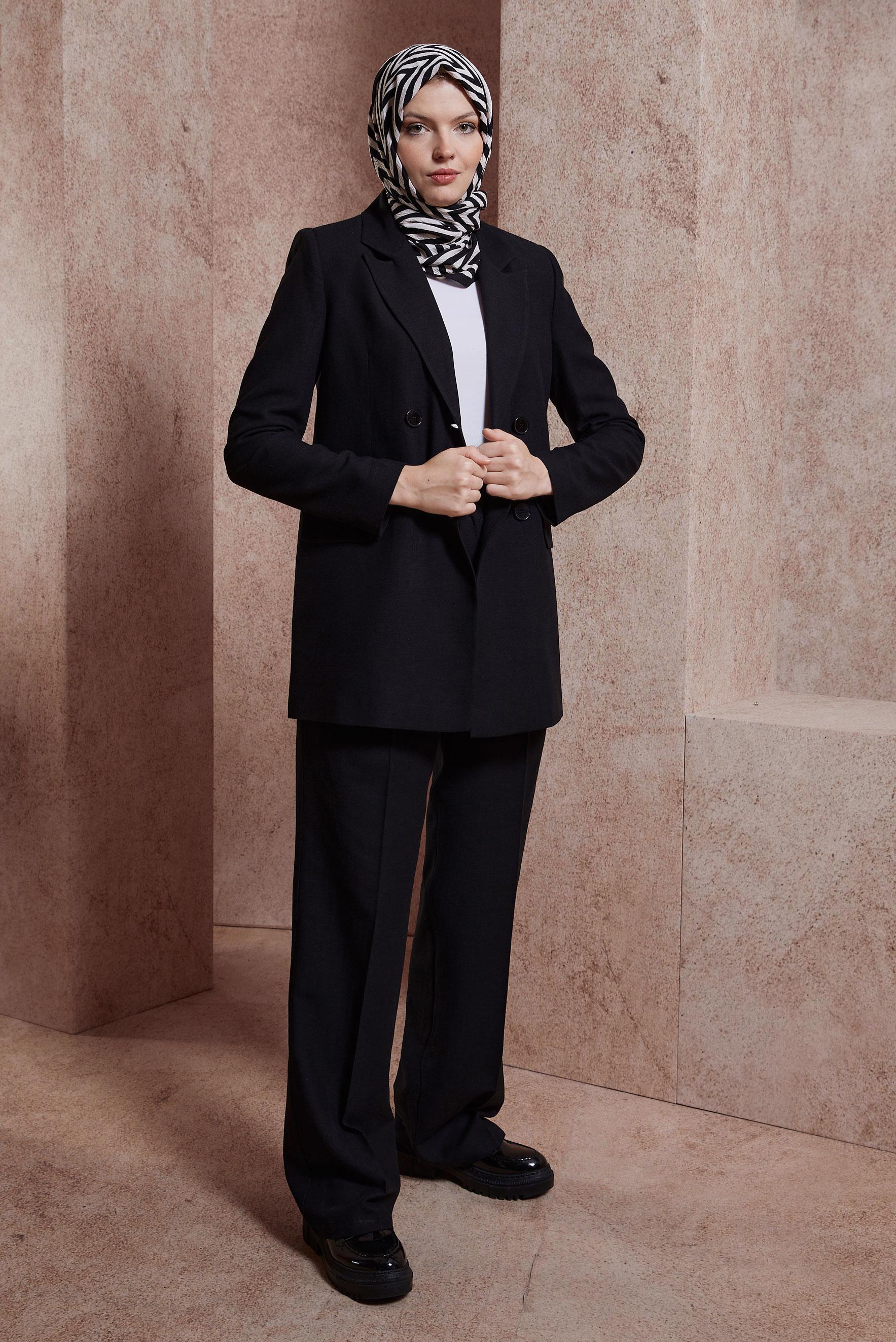 Tesettür giyim SİYAH KETEN DOKULU PANTOLONLU TAKIM 30420