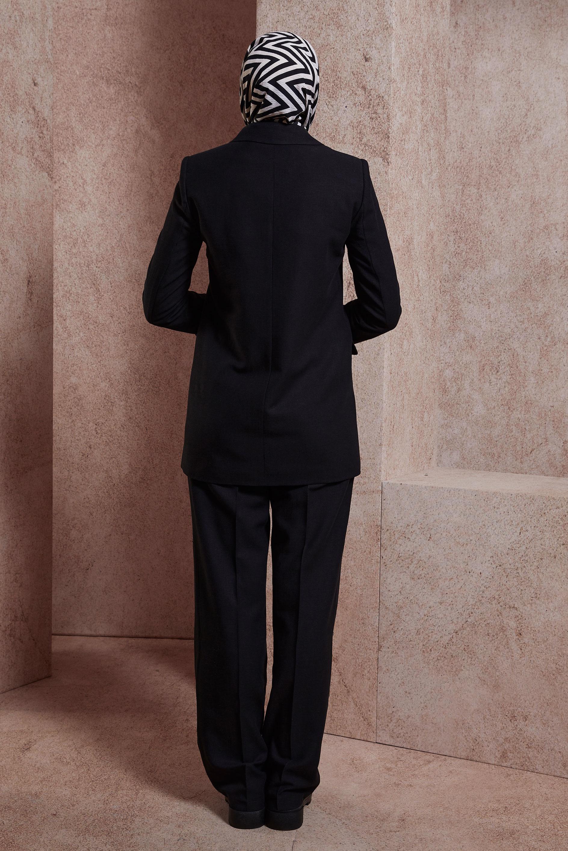 Tesettür giyim SİYAH KETEN DOKULU PANTOLONLU TAKIM 30420