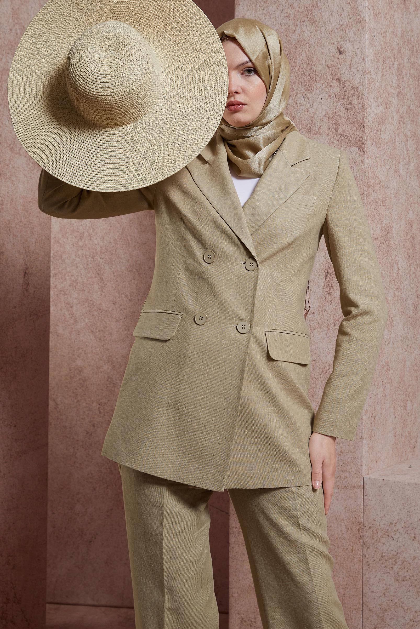 Tesettür giyim KAHVE KETEN DOKULU PANTOLONLU TAKIM 30420