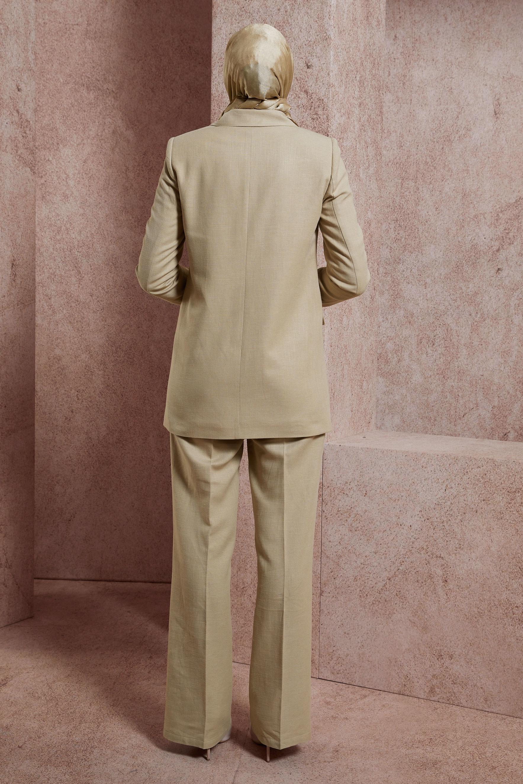 Tesettür giyim KAHVE KETEN DOKULU PANTOLONLU TAKIM 30420