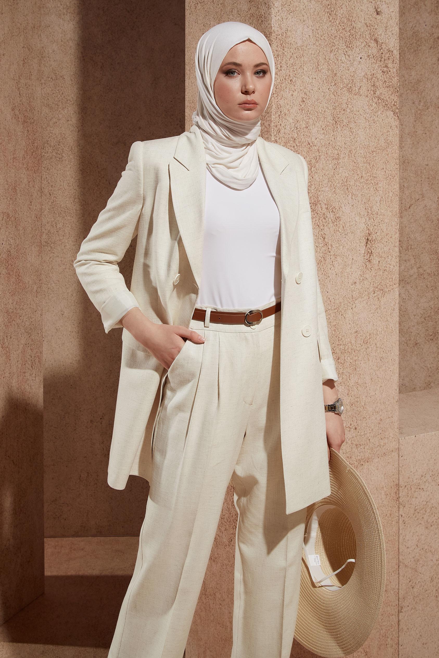 Tesettür giyim EKRU KETEN DOKULU PANTOLONLU TAKIM 30420