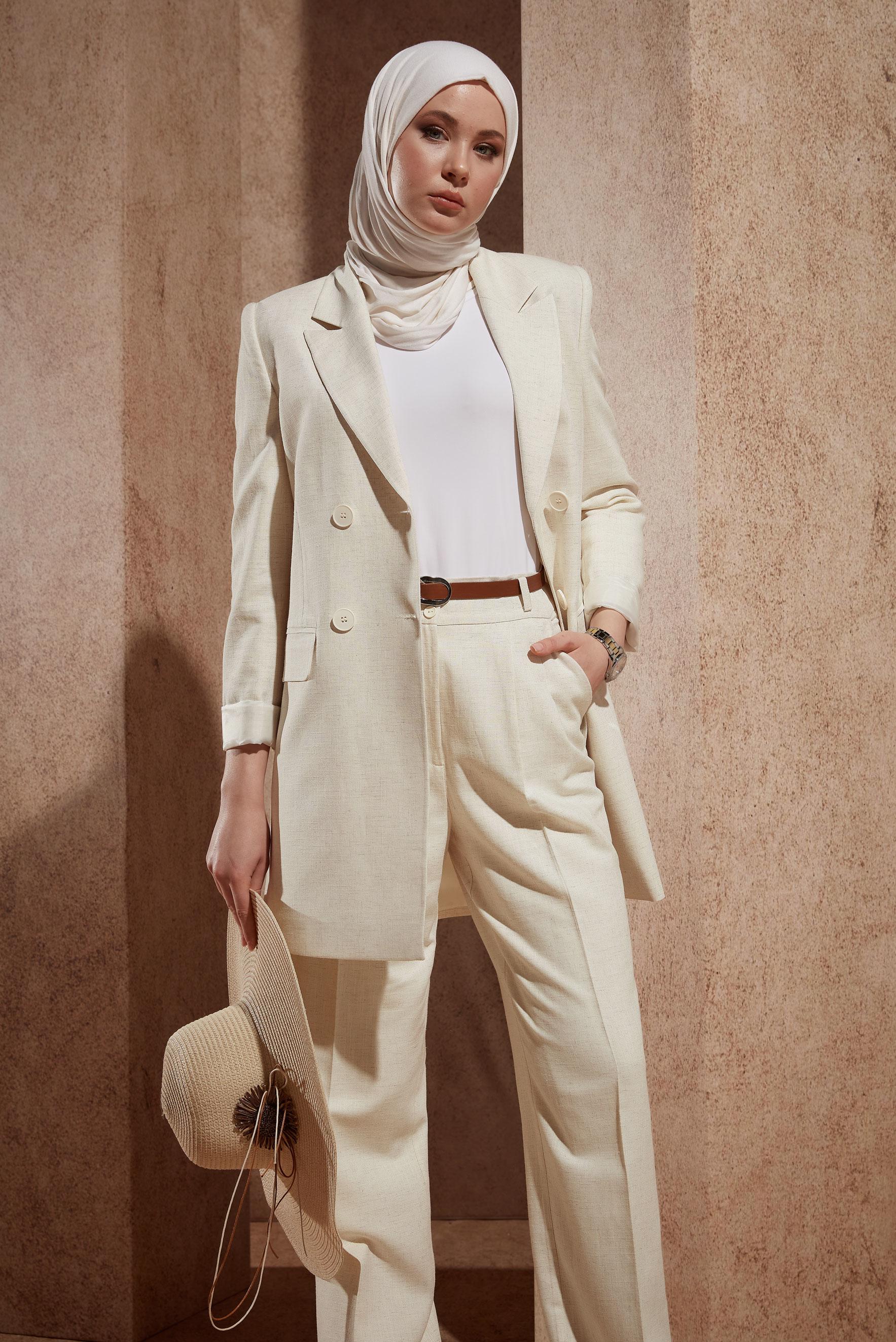 Tesettür giyim EKRU KETEN DOKULU PANTOLONLU TAKIM 30420