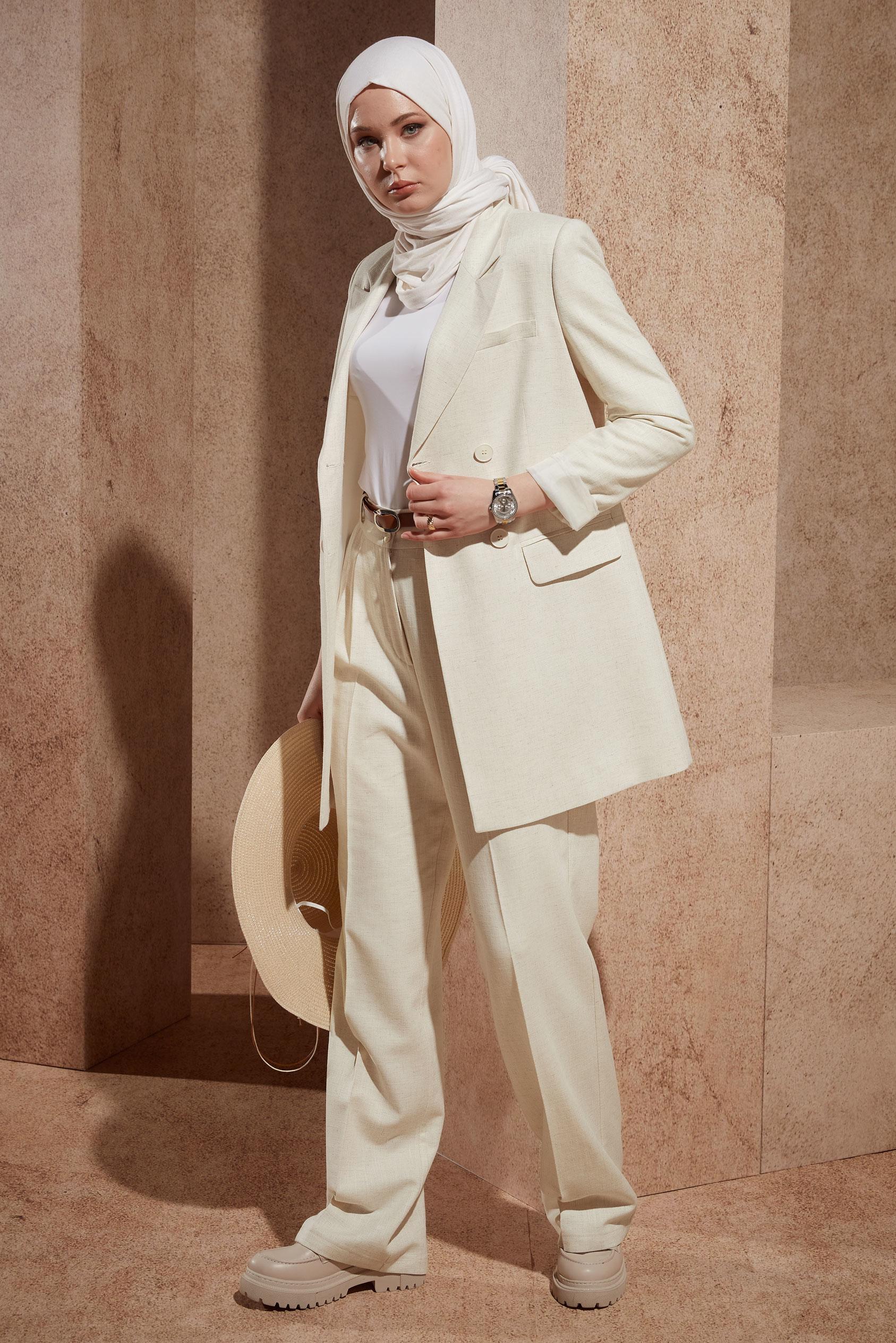 Tesettür giyim EKRU KETEN DOKULU PANTOLONLU TAKIM 30420