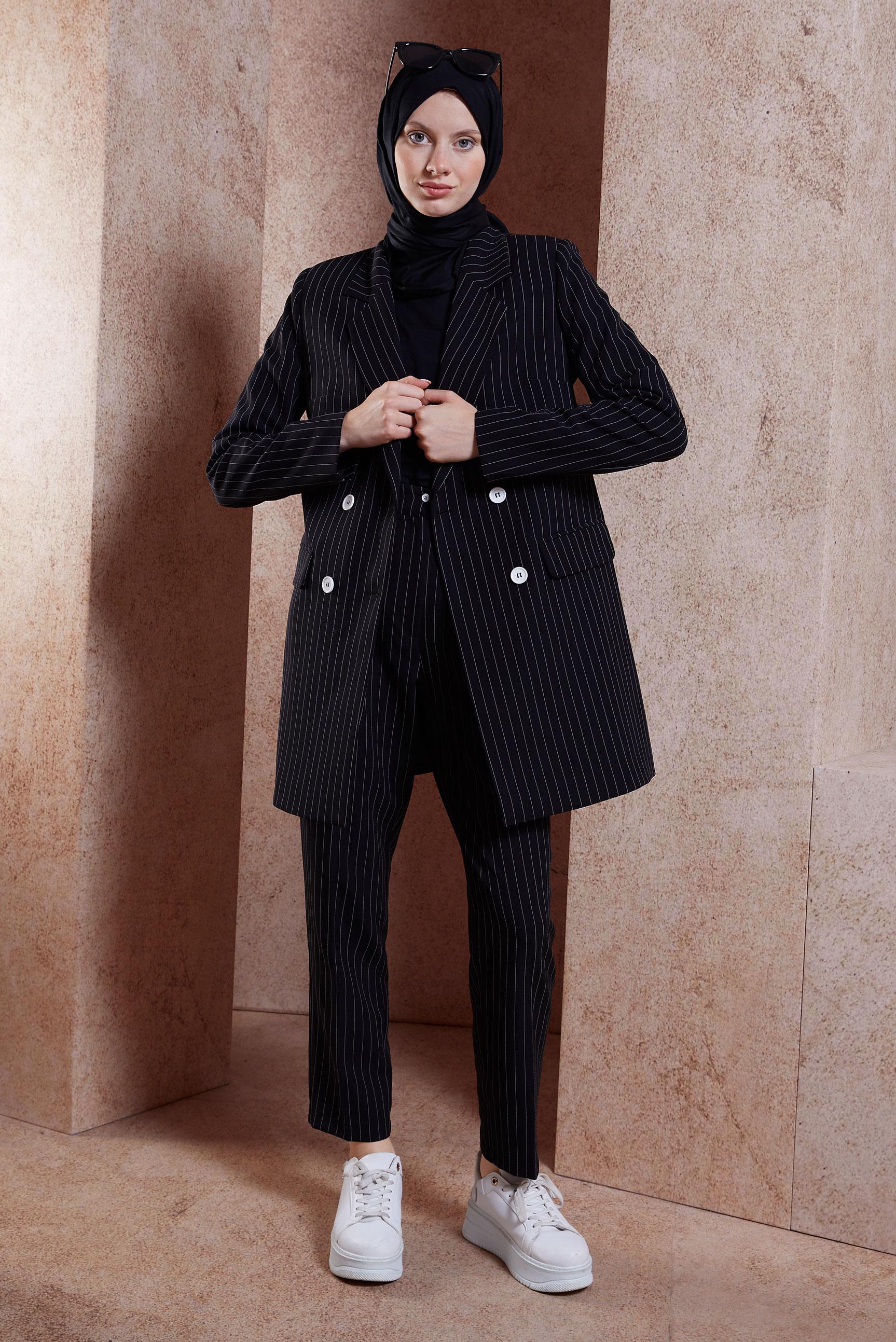 Tesettür giyim SİYAH ÇİZGİLİ PANTOLONLU TAKIM 30421
