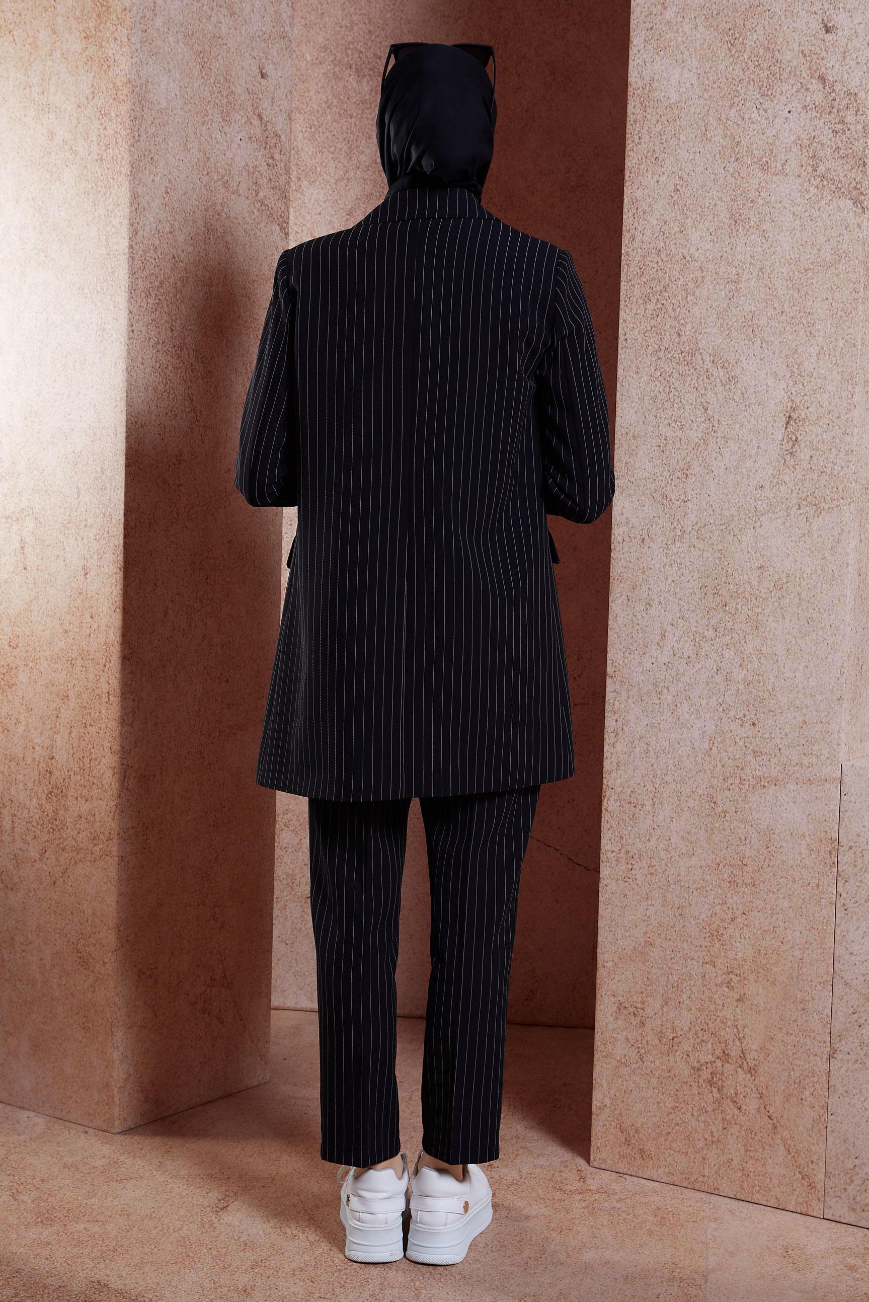 Tesettür giyim SİYAH ÇİZGİLİ PANTOLONLU TAKIM 30421