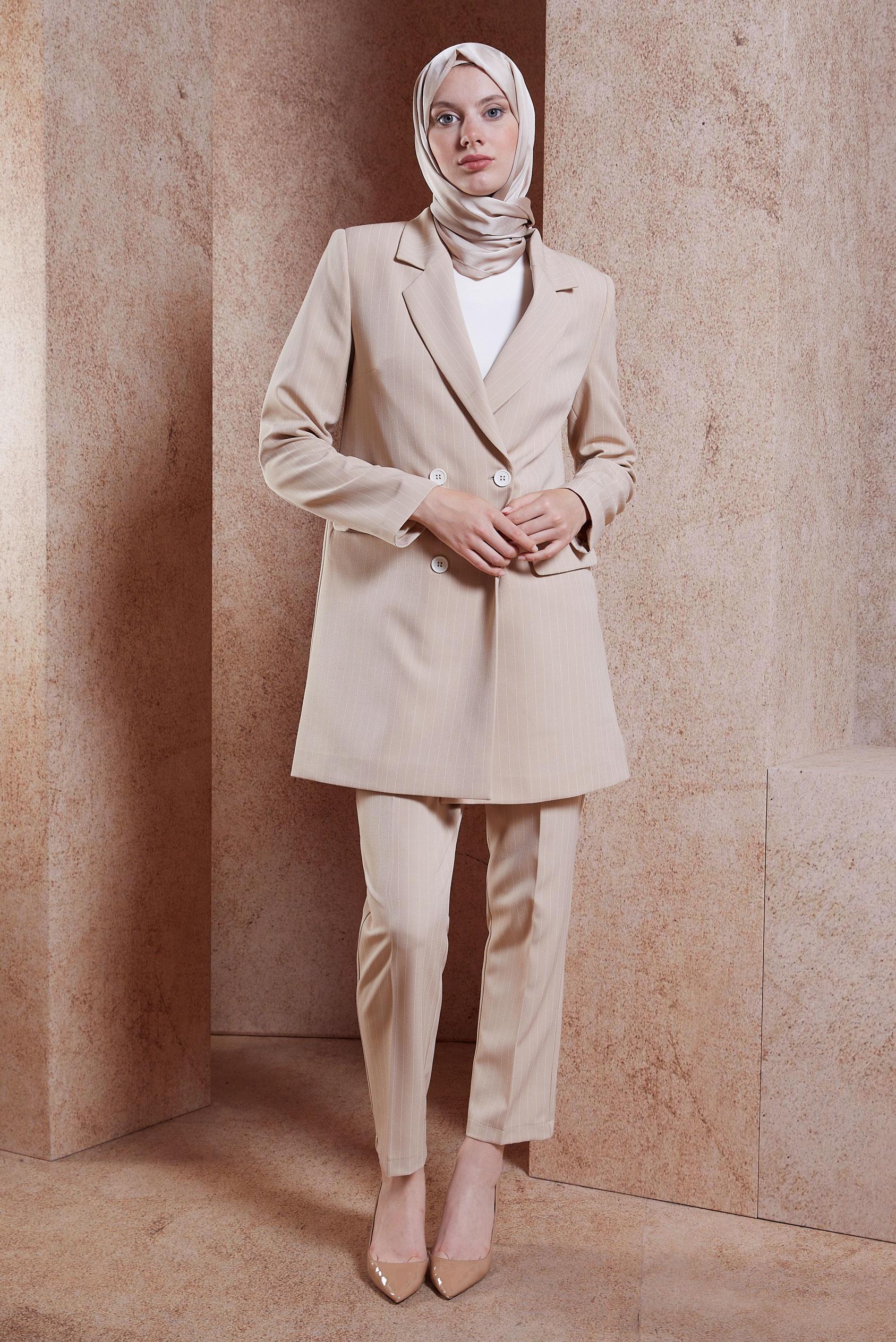 Tesettür giyim BEJ ÇİZGİLİ PANTOLONLU TAKIM 30421