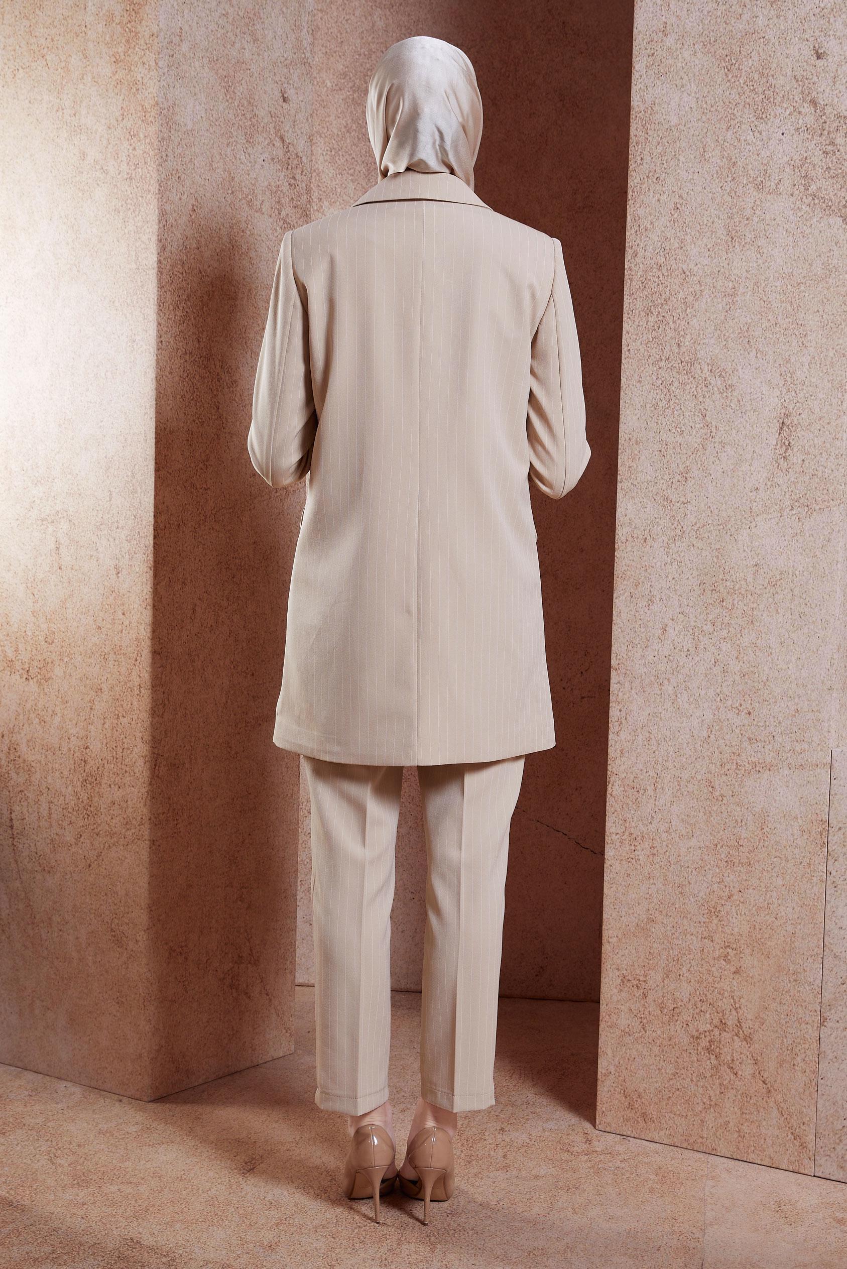 Tesettür giyim BEJ ÇİZGİLİ PANTOLONLU TAKIM 30421