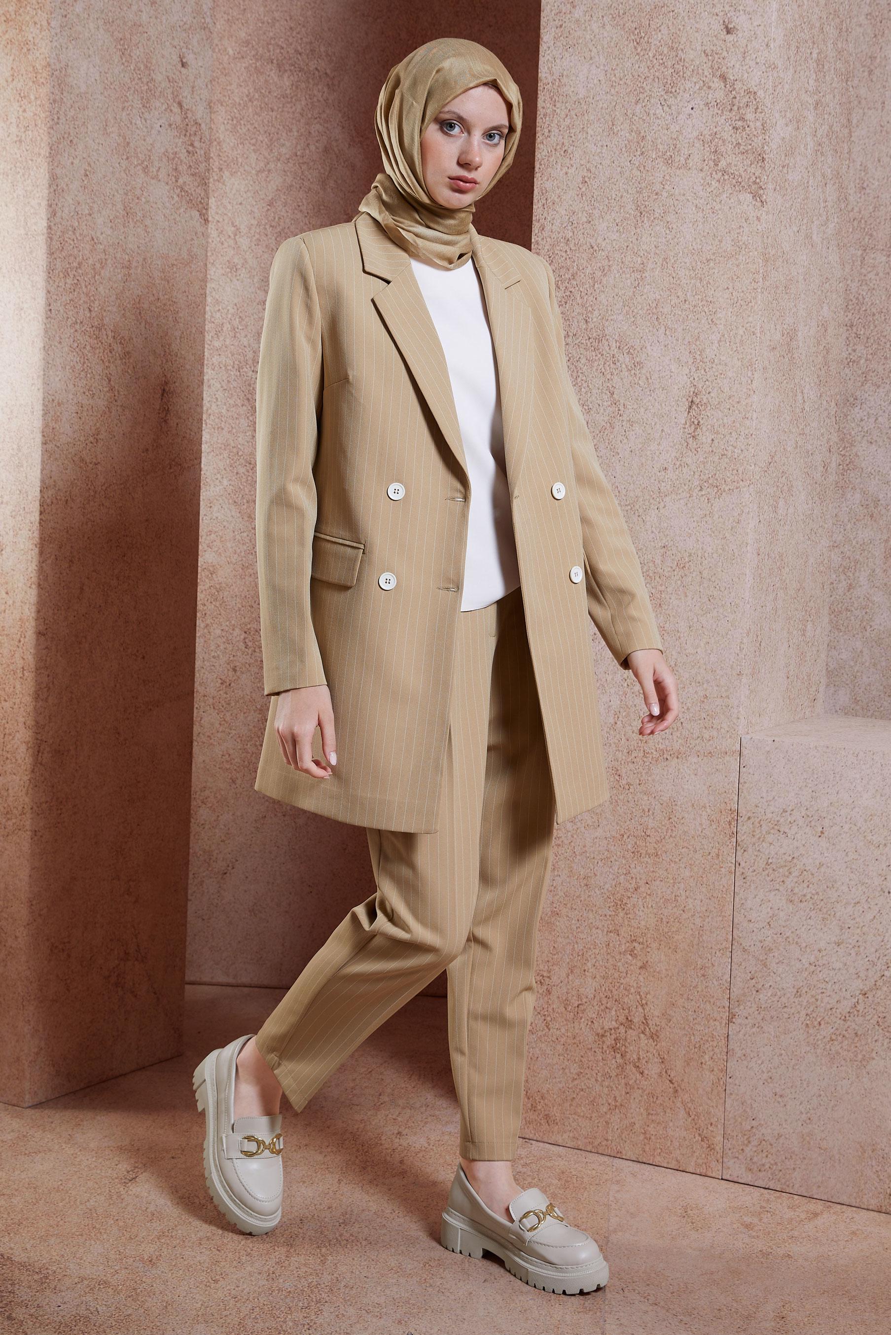 Tesettür giyim KAHVE ÇİZGİLİ PANTOLONLU TAKIM 30421
