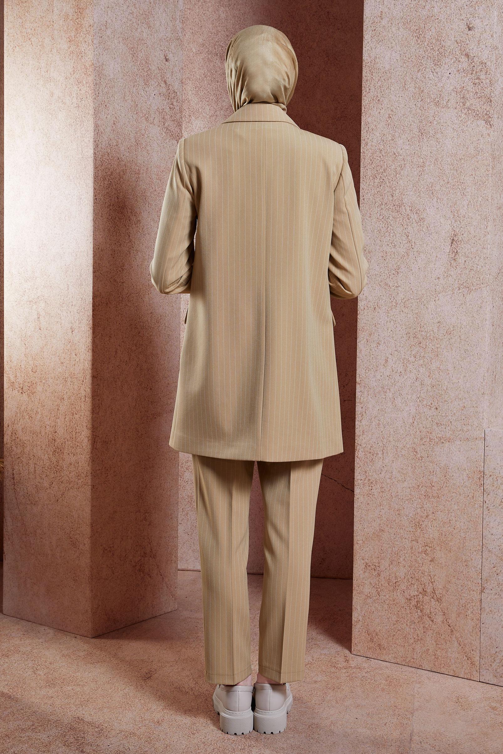 Tesettür giyim KAHVE ÇİZGİLİ PANTOLONLU TAKIM 30421