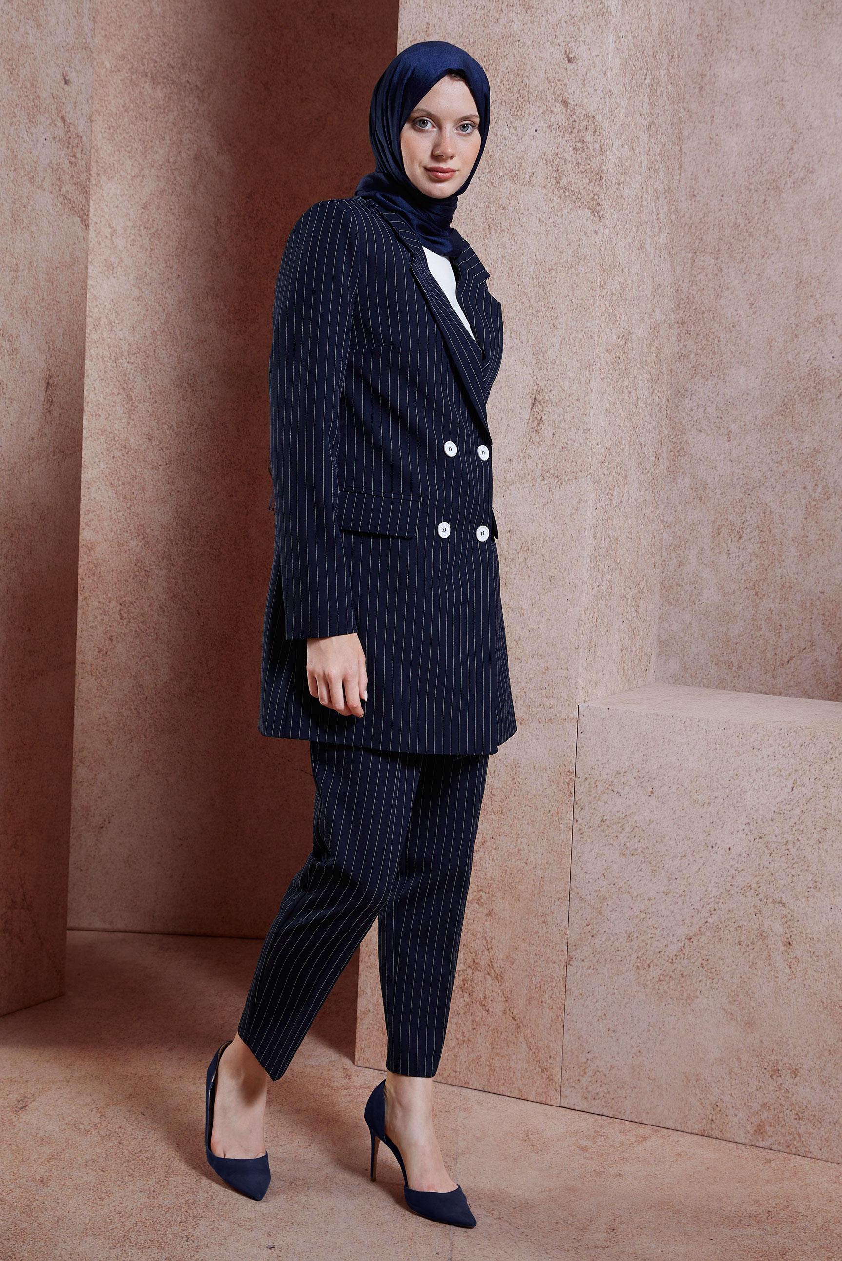 Tesettür giyim LACİVERT ÇİZGİLİ PANTOLONLU TAKIM 30421