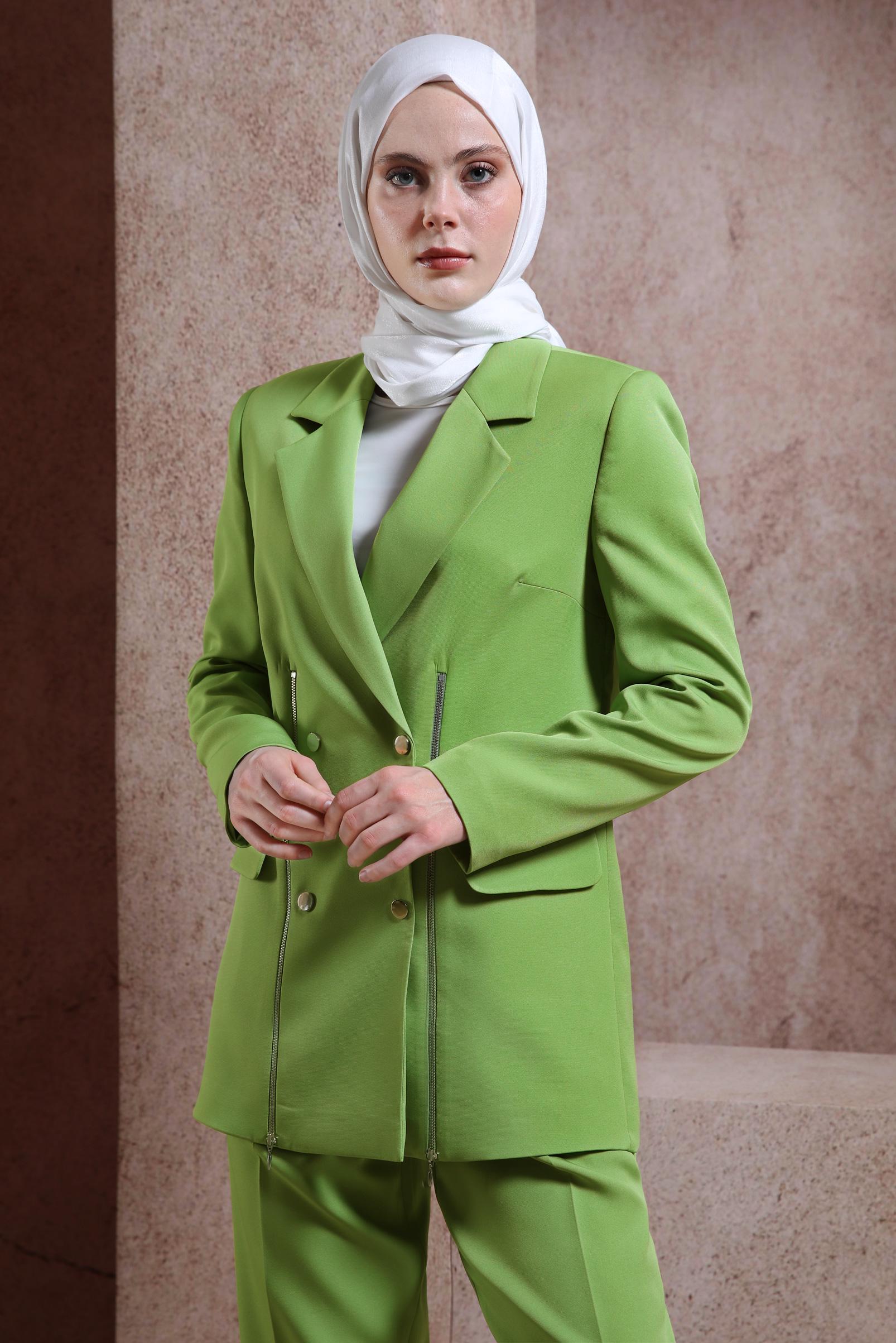 Tesettür giyim YEŞİL FERMUAR AKSESUARLI PANTOLONLU TAKIM 30422