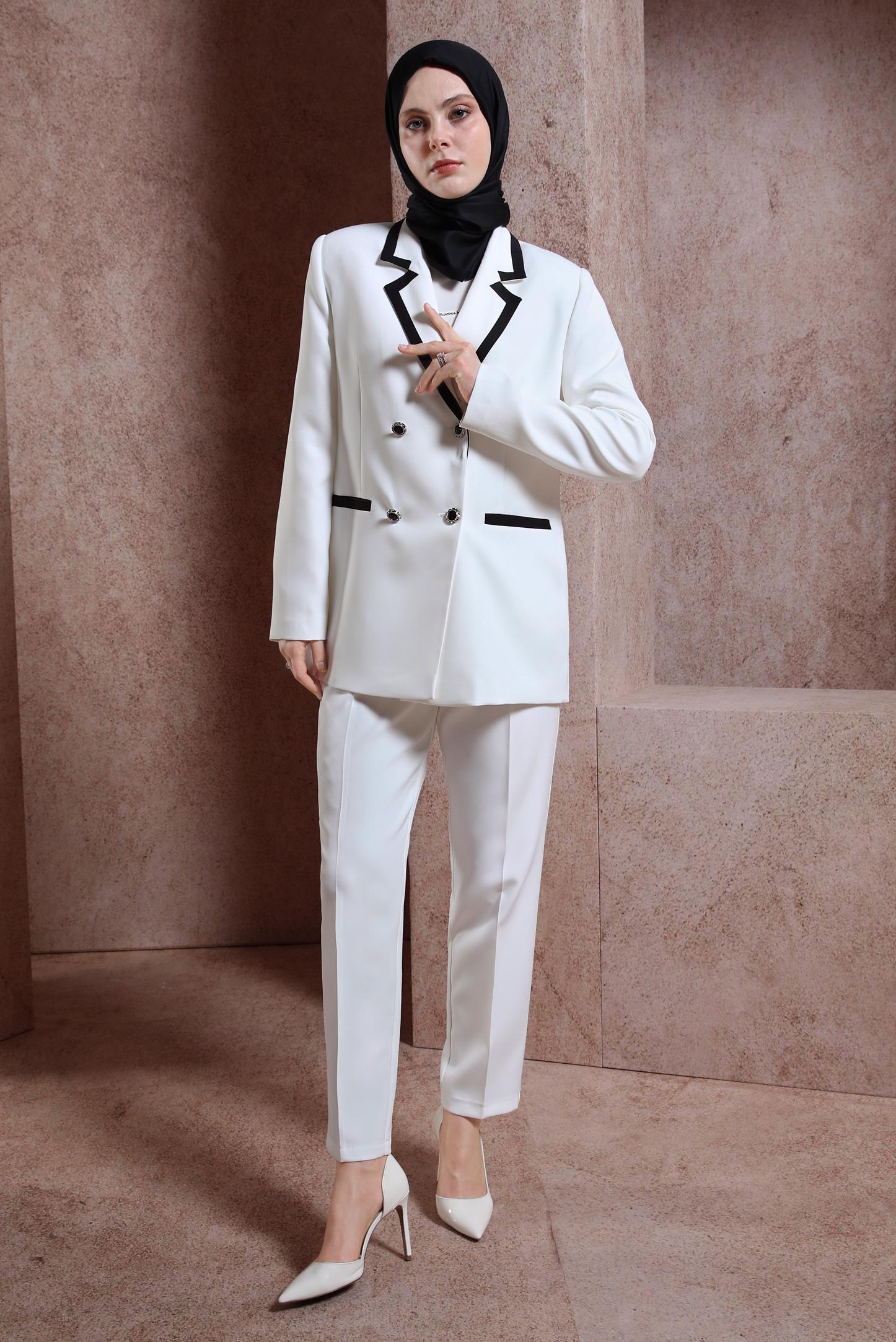 Tesettür giyim BEYAZ ŞERİT DETAYLI PANTOLONLU TAKIM 30424