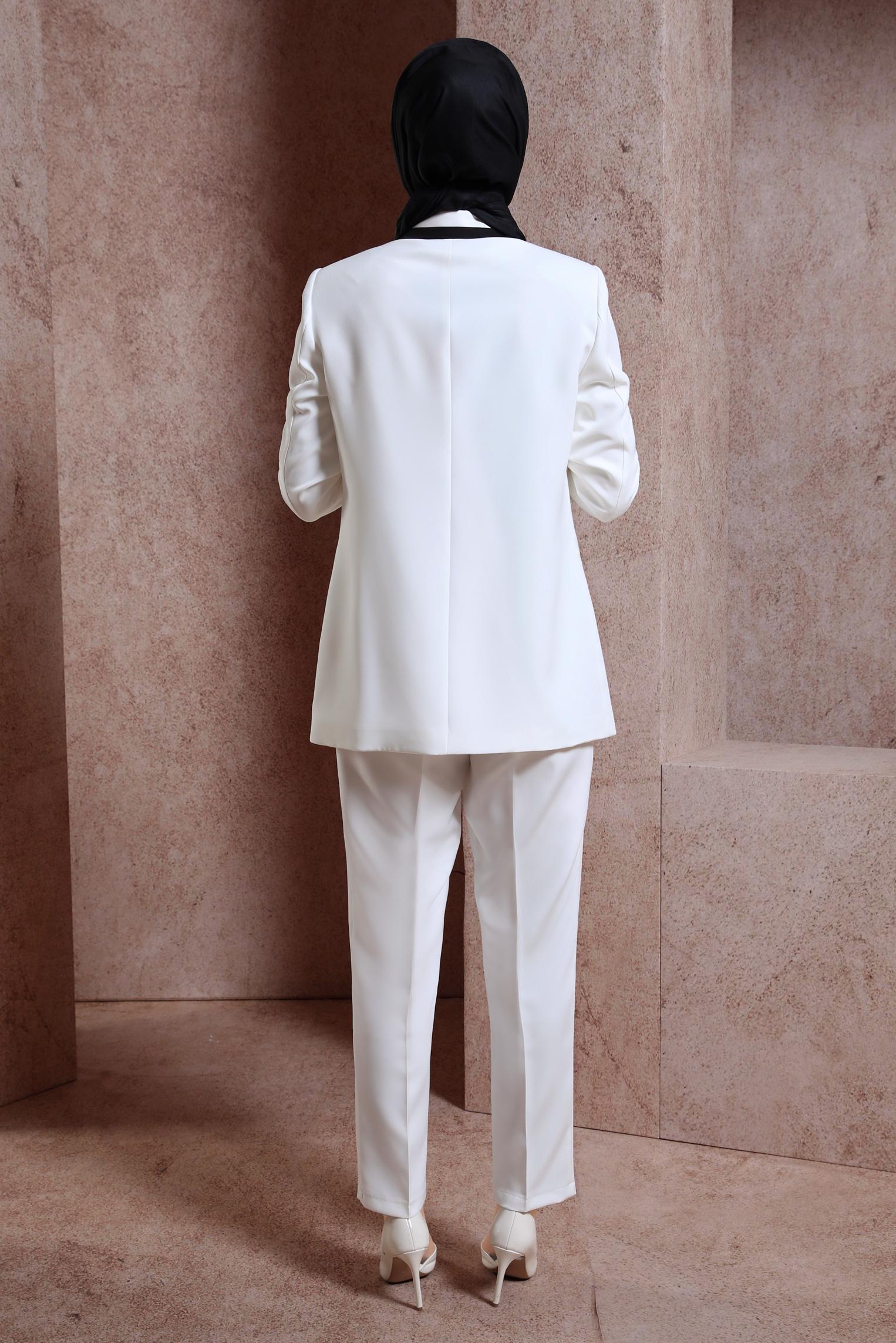 Tesettür giyim BEYAZ ŞERİT DETAYLI PANTOLONLU TAKIM 30424