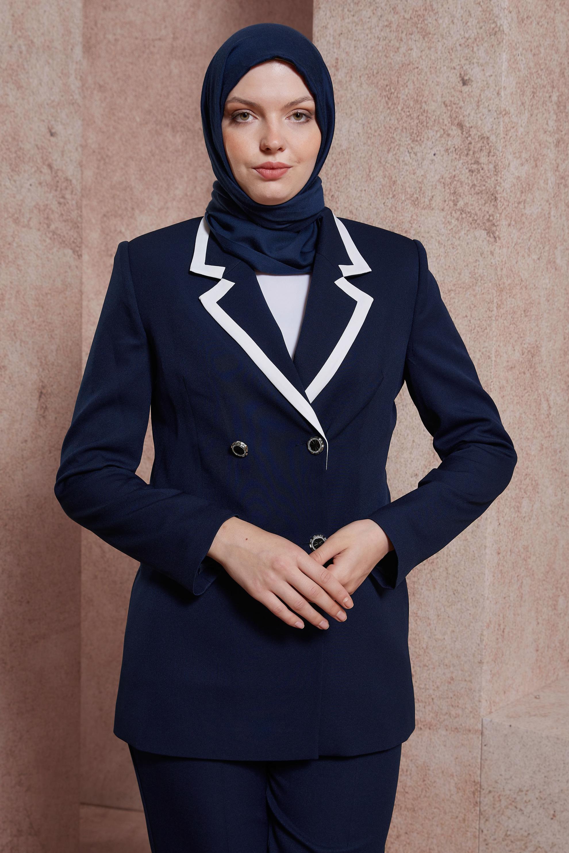 Tesettür giyim LACİVERT ŞERİT DETAYLI PANTOLONLU TAKIM 30424