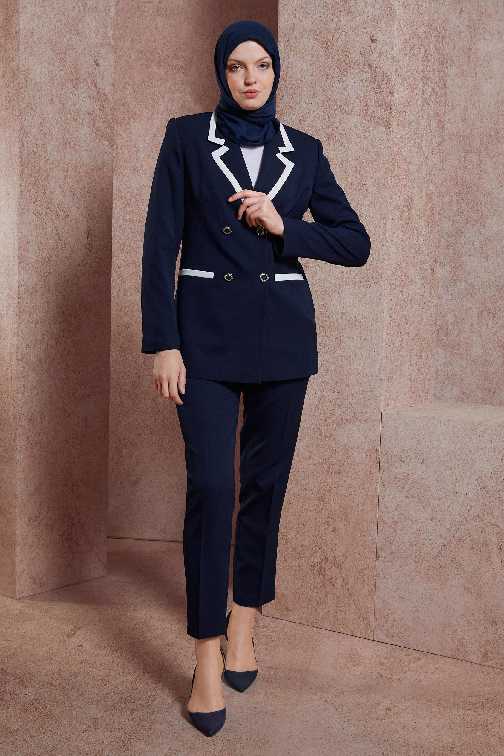 Tesettür giyim LACİVERT ŞERİT DETAYLI PANTOLONLU TAKIM 30424