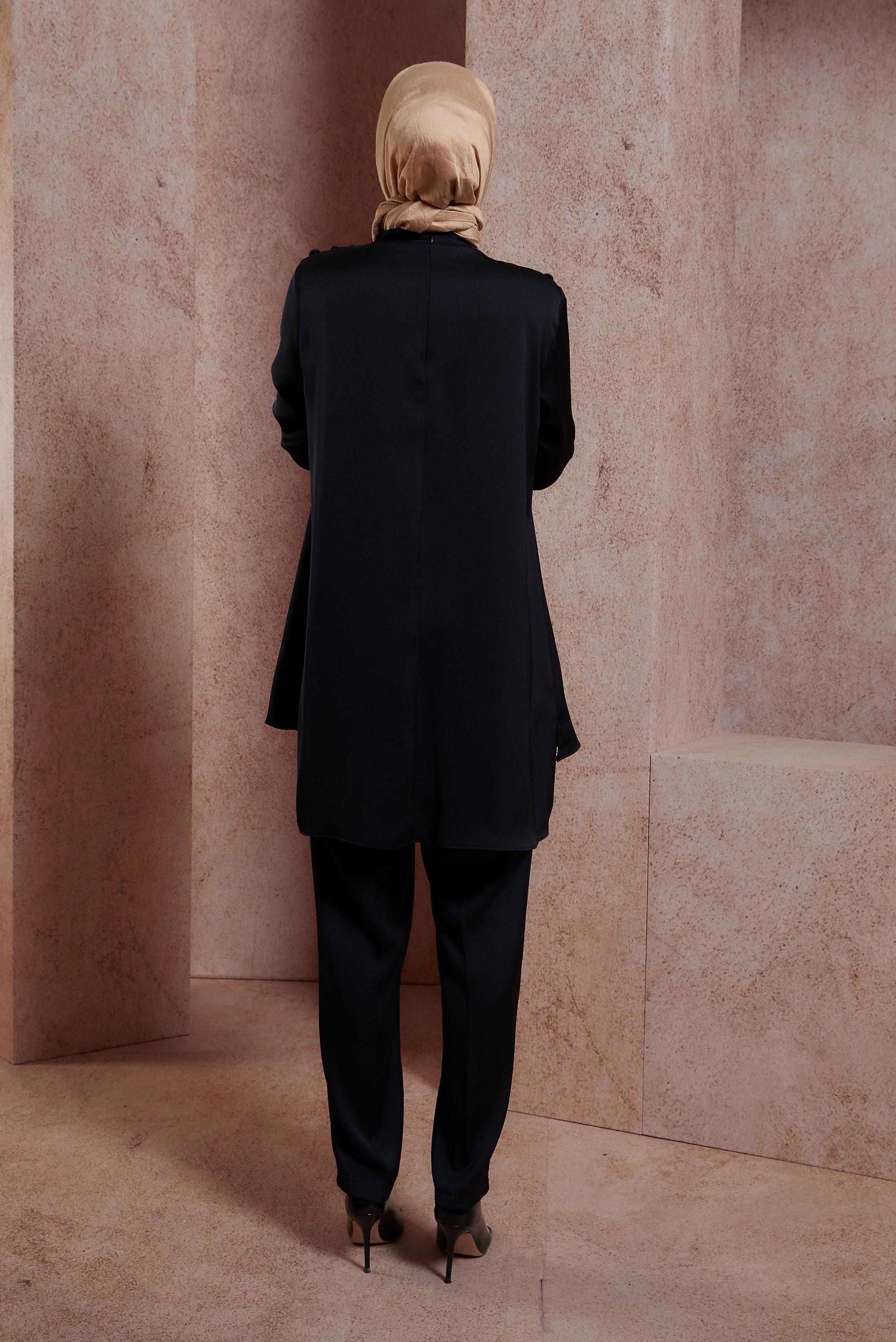 Tesettür giyim SİYAH SATEN DOKUMA PANTOLONLU TAKIM 30429