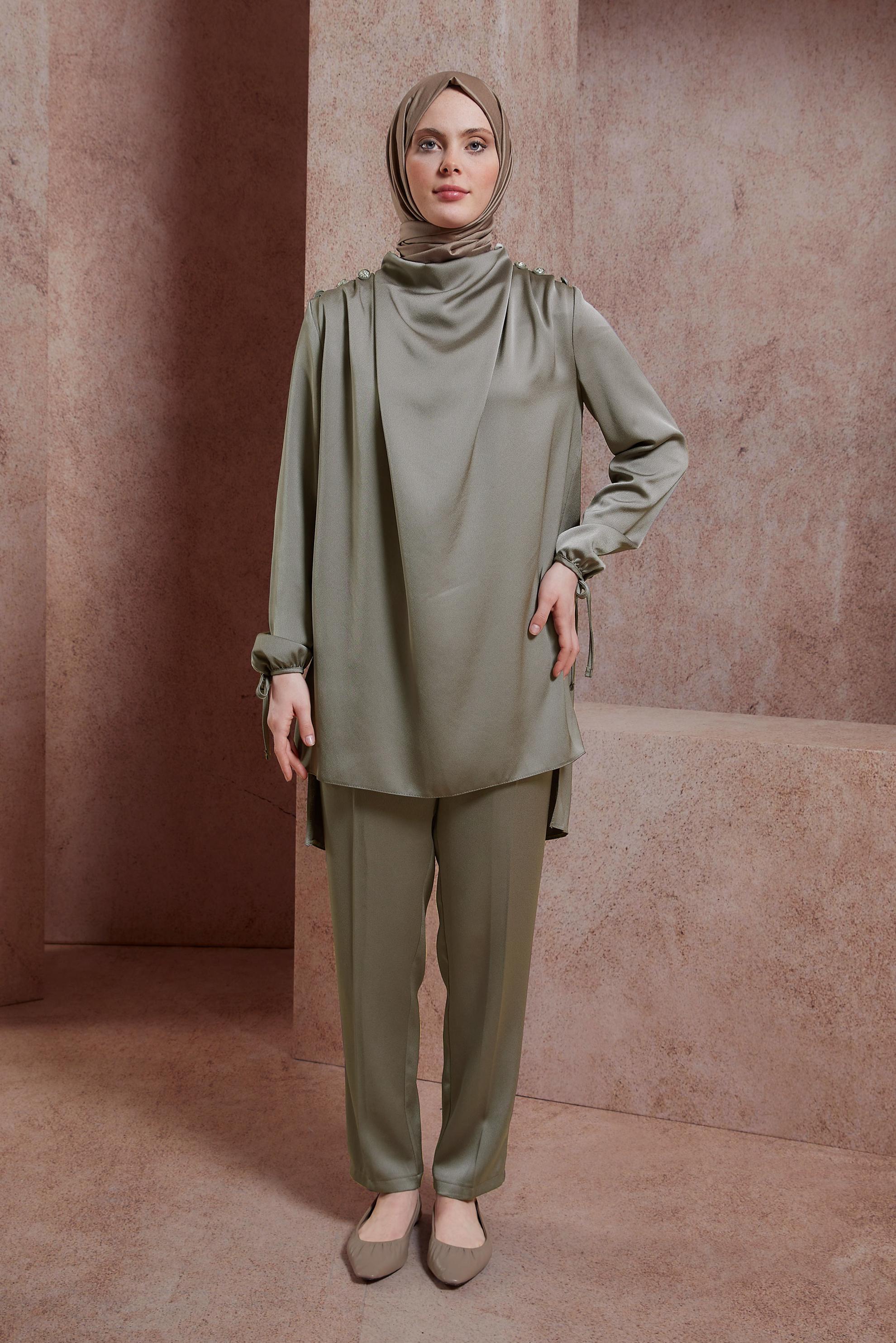 Tesettür giyim VİZON SATEN DOKUMA PANTOLONLU TAKIM 30429