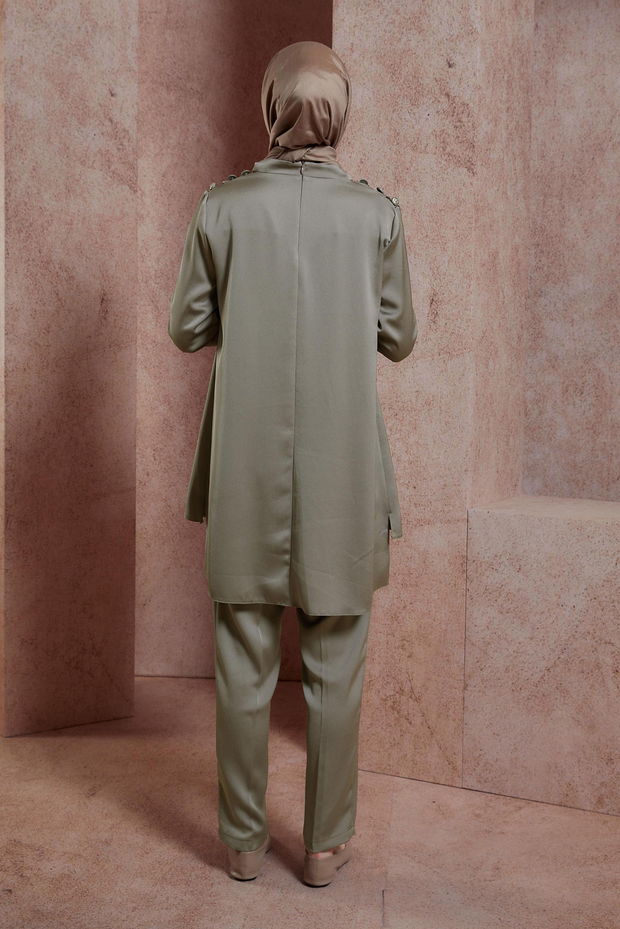 Tesettür giyim VİZON SATEN DOKUMA PANTOLONLU TAKIM 30429