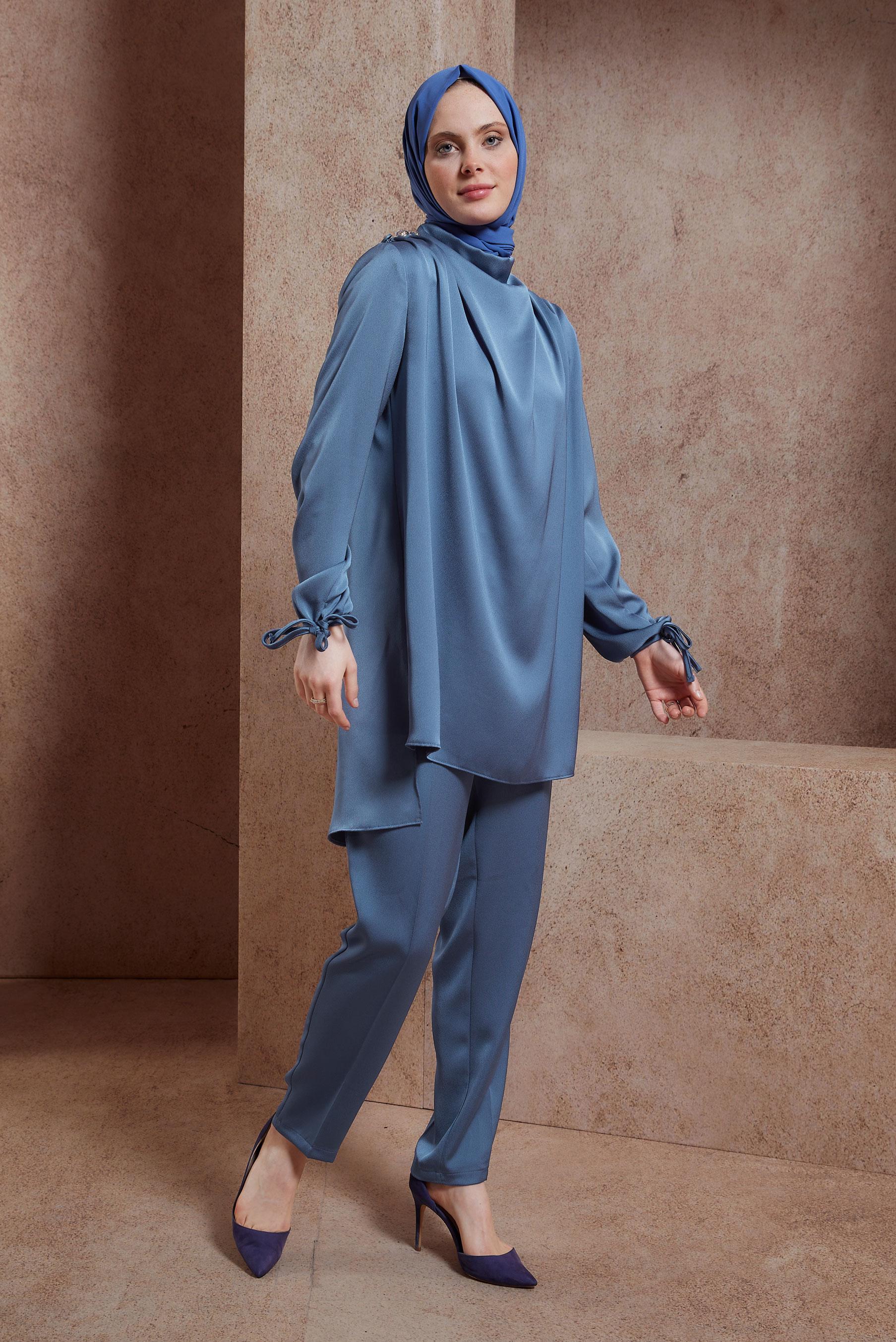 Tesettür giyim LACİVERT SATEN DOKUMA PANTOLONLU TAKIM 30429