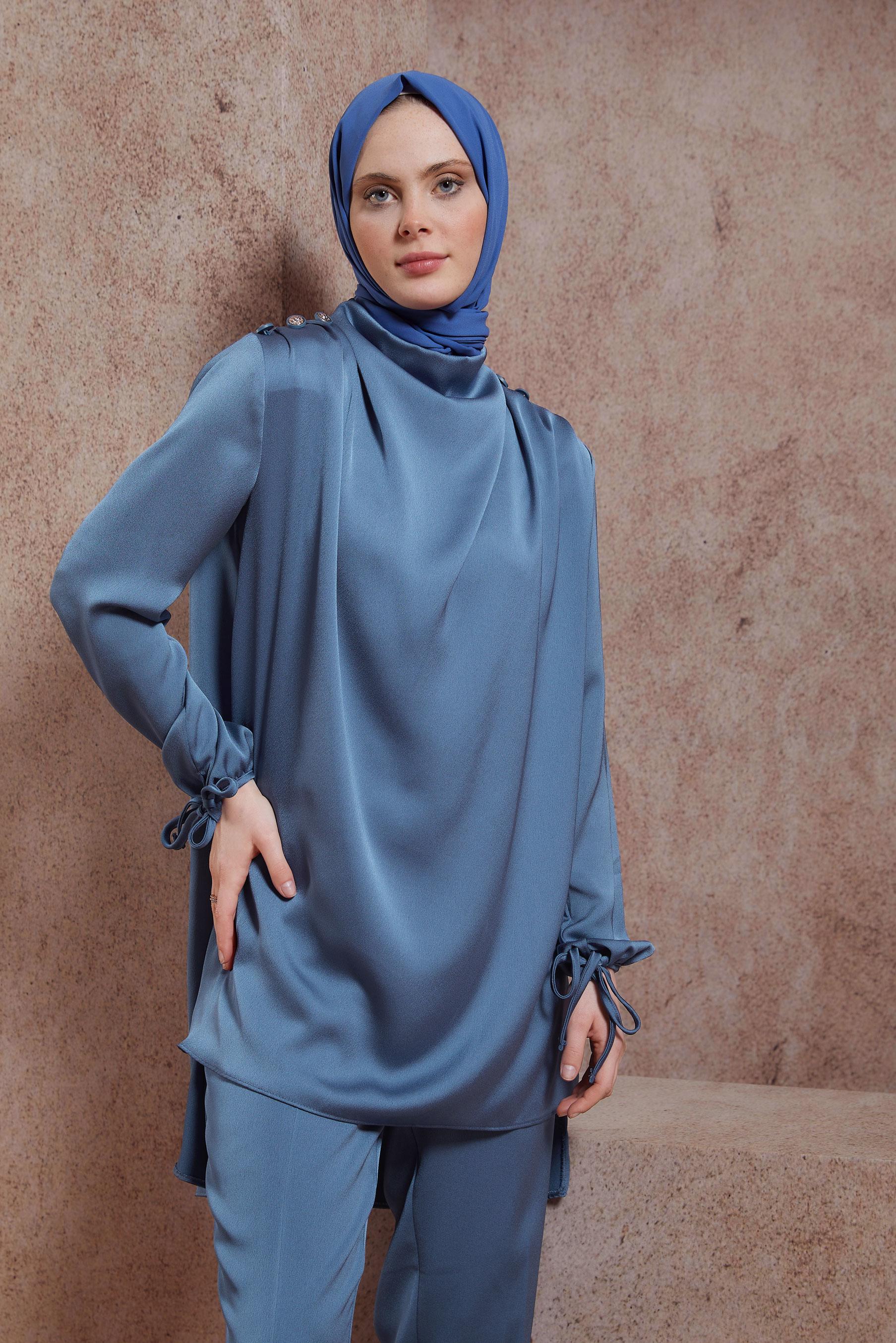 Tesettür giyim LACİVERT SATEN DOKUMA PANTOLONLU TAKIM 30429