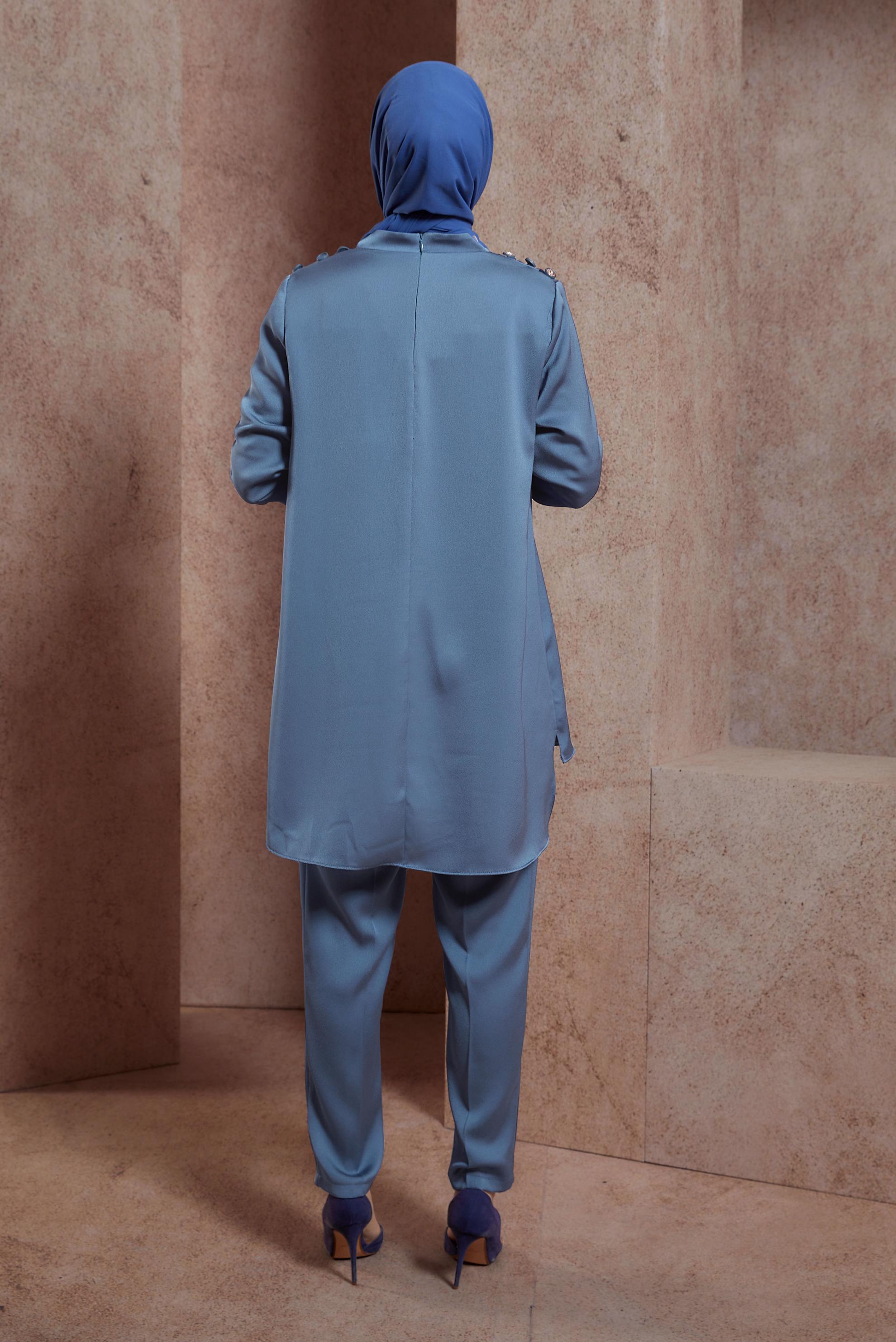 Tesettür giyim LACİVERT SATEN DOKUMA PANTOLONLU TAKIM 30429