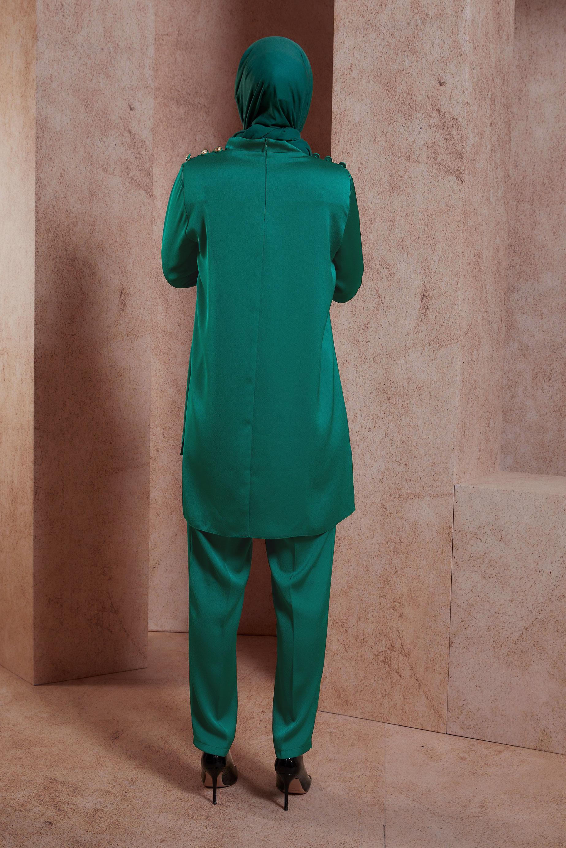 Tesettür giyim YEŞİL SATEN DOKUMA PANTOLONLU TAKIM 30429