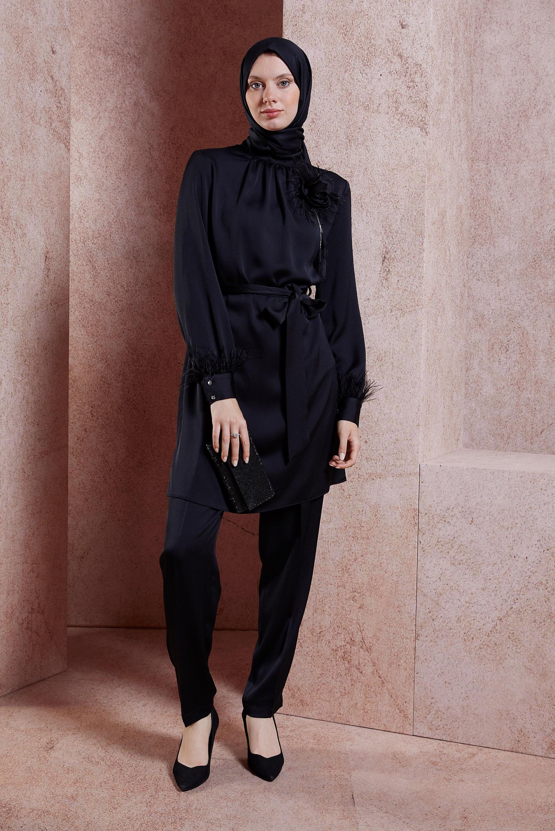 Tesettür giyim SİYAH TÜY DETAYLI KUŞAKLI PANTOLONLU TAKIM 30432