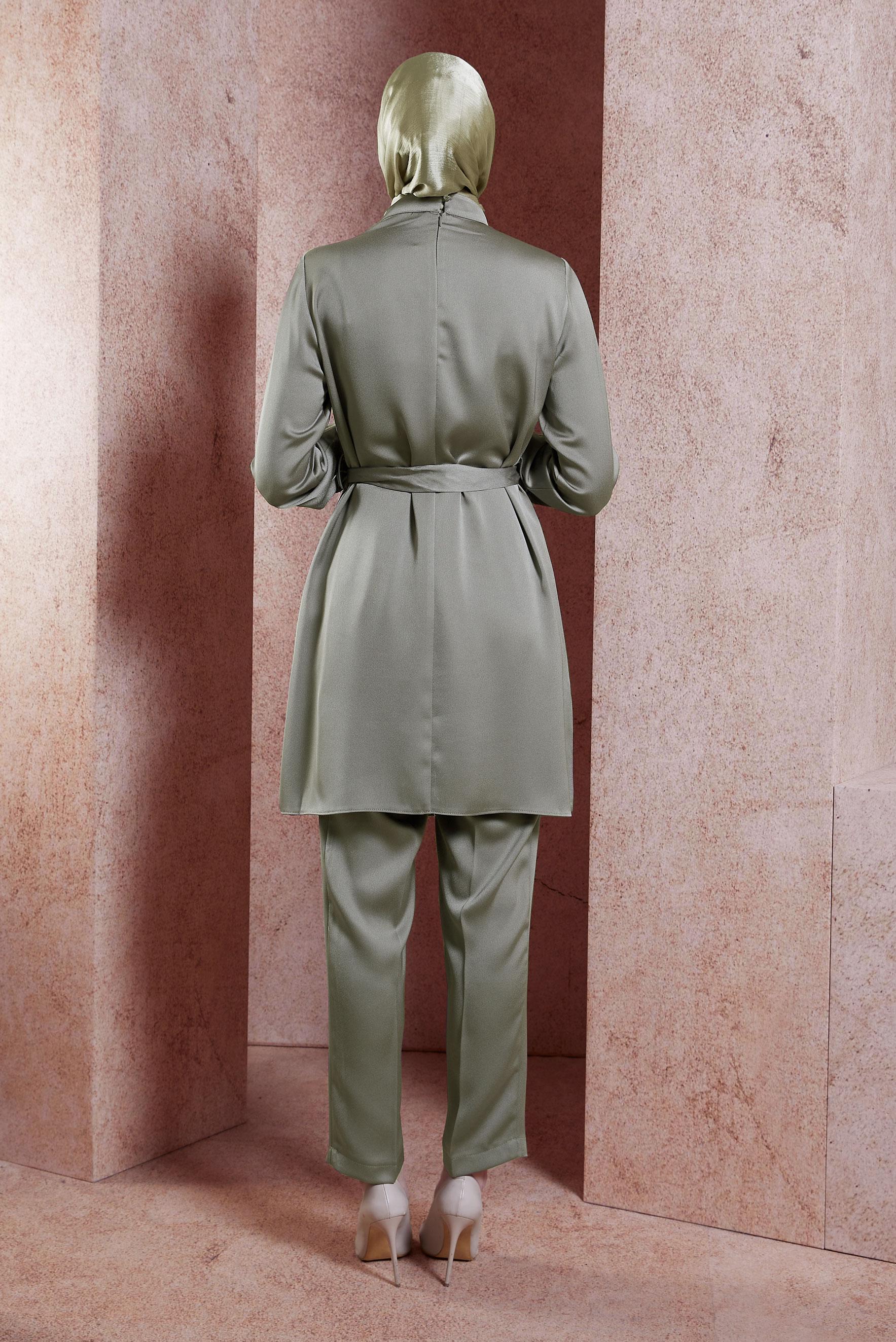 Tesettür giyim VİZON TÜY DETAYLI KUŞAKLI PANTOLONLU TAKIM 30432