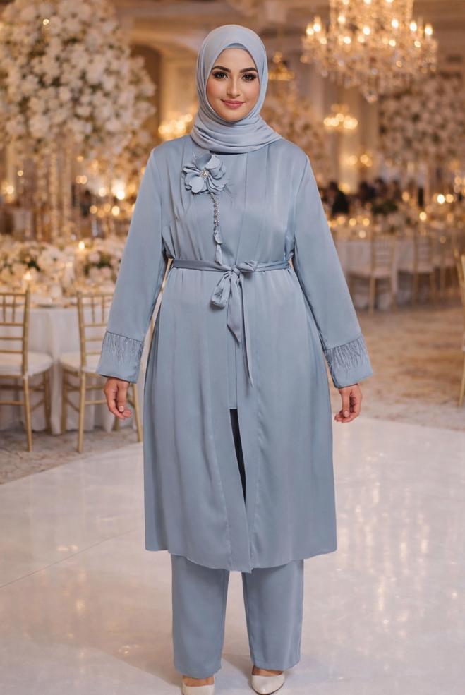 Vêtements hijab GRIS COSTUME PANTALON TROIS PIÈCES CEINTURE 30434 - ALVİNA