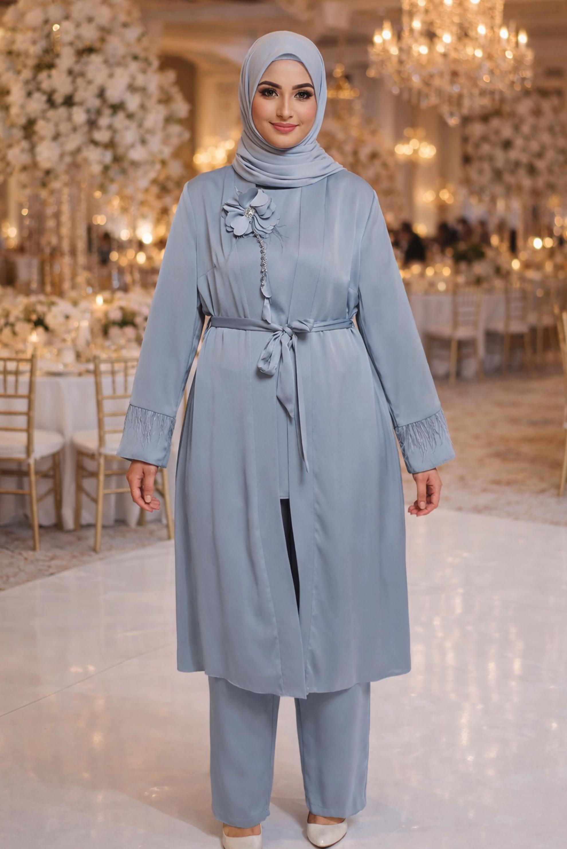 Tesettür giyim GRİ KEMERLİ ÜÇLÜ PANTOLONLU TAKIM 30434